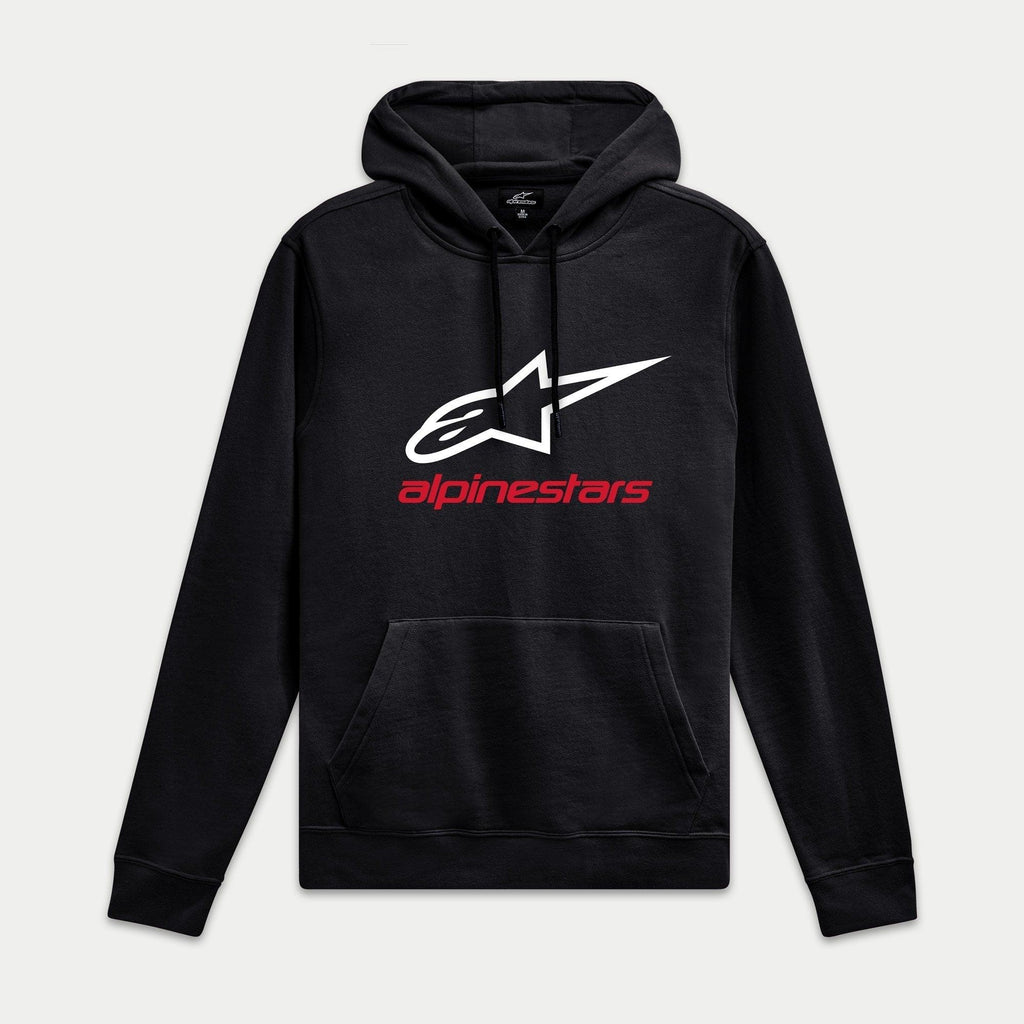 Sweat à capuche Alpinestars Always V3, noir, pull-over en polaire avec logo étoile blanc et marquage rouge, streetwear décontracté motorsport, poignets et ourlet côtelés