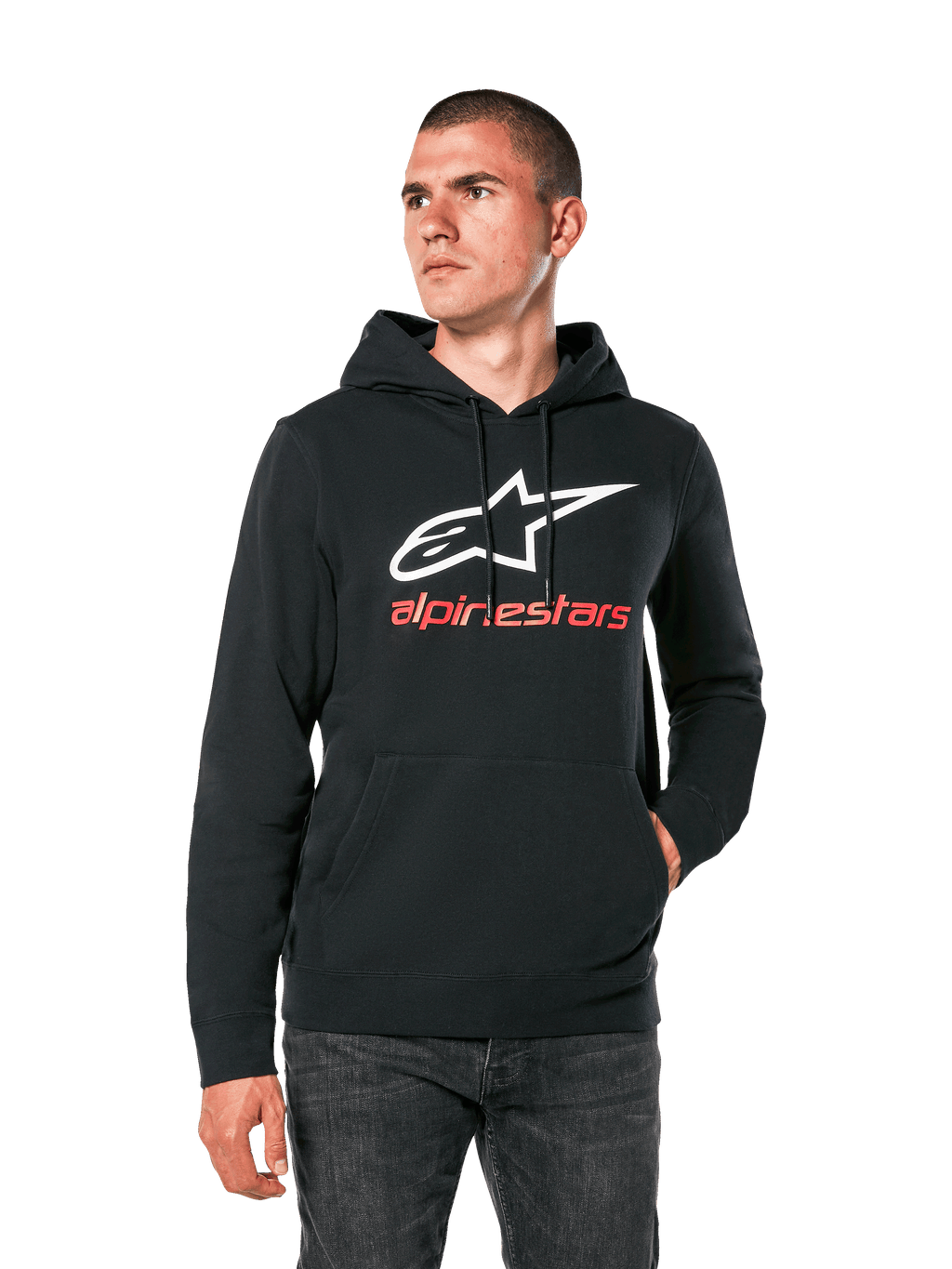 Alpinestars Always V3 Hoodie, sweat à capuche noir décontracté avec logo étoile blanc et texte Alpinestars rouge, modèle à enfiler avec poche kangourou sur le devant, style urbain sport automobile