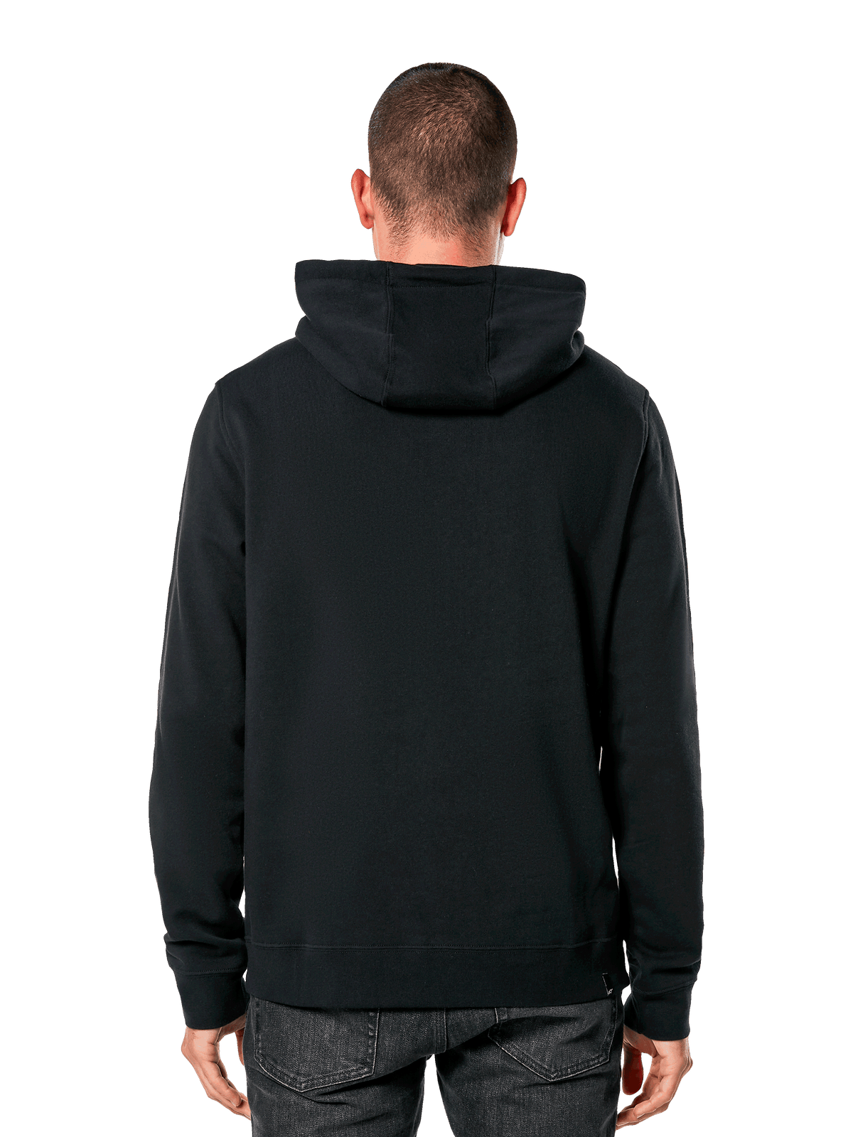 Alpinestars Blaze V3 Hoodie, vue de dos d'un homme portant un sweat à capuche noir, poignets et ourlet côtelés, doublure de la capuche en jersey, vêtement streetwear décontracté inspiré des sports mécaniques