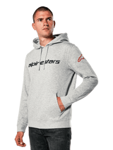 Sweat à capuche Alpinestars Linear Wordmark V3, sweat à capuche gris chiné, lettrage noir sur la poitrine, logo rouge sur la manche, capuche doublée en jersey avec cordons de serrage, poche avant, streetwear décontracté inspiré du sport automobile