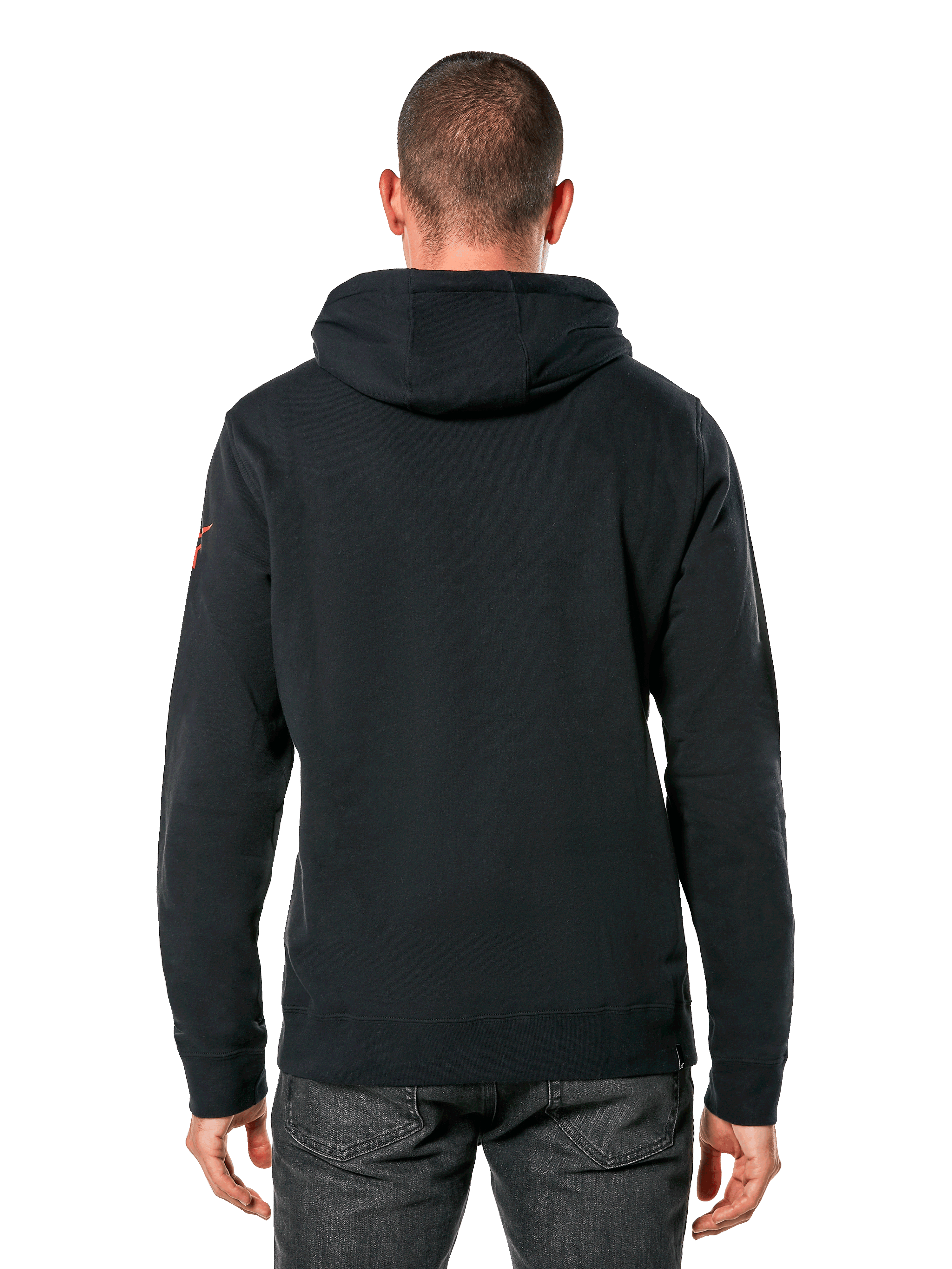 Sweat à capuche Alpinestars Linear Wordmark V3, streetwear décontracté, pull à capuche noir vu de dos, logo rouge sur la manche, poignets et ourlet côtelés, design moderne inspiré du sport automobile
