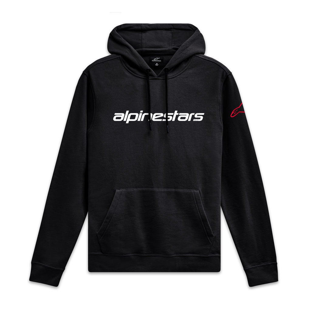 Alpinestars Linear Wordmark V3 Hoodie, black pullover sportswear hoodie with white front chest logo and red sleeve branding
