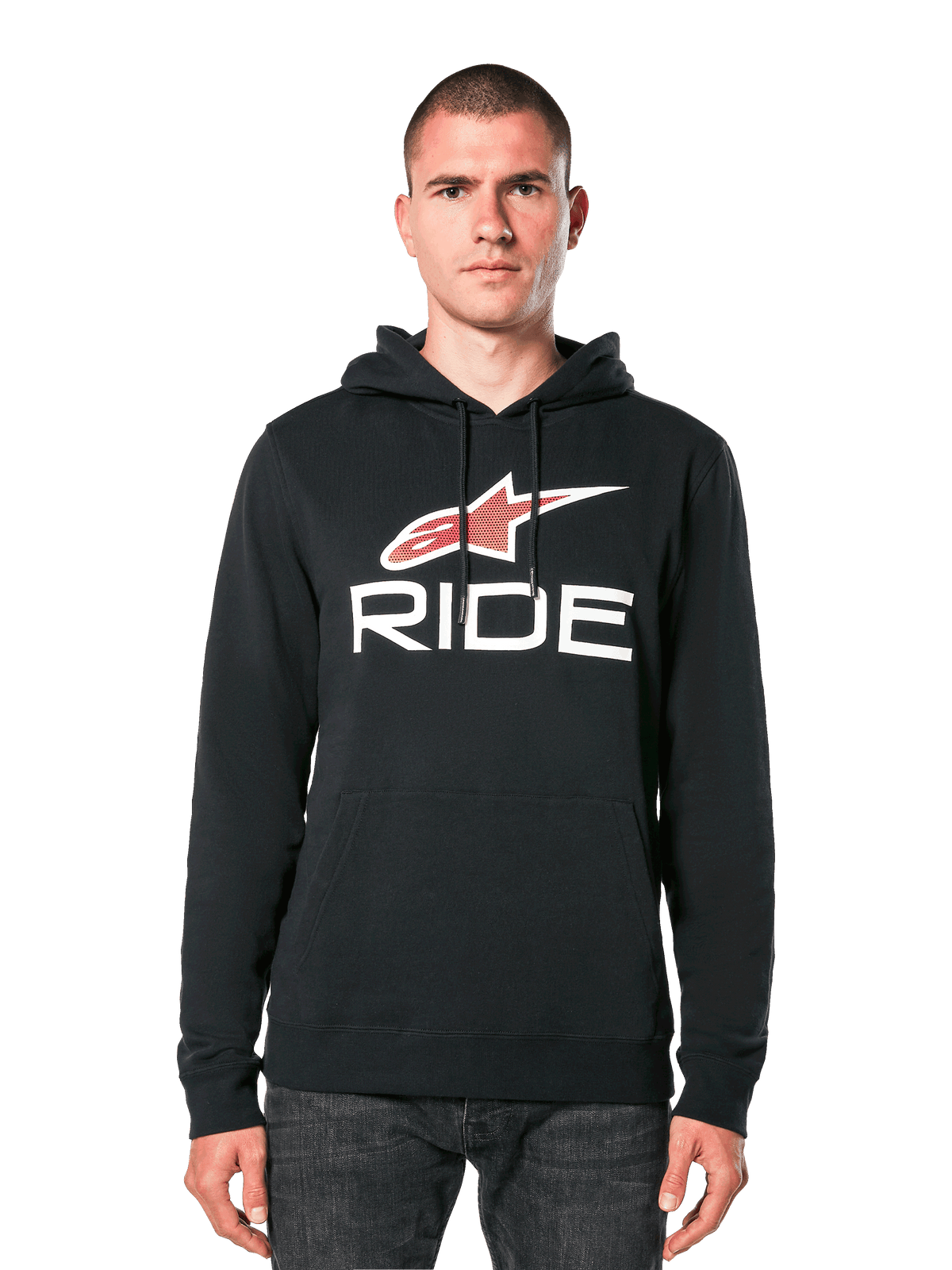 Alpinestars Ride 4.0 Hoodie, sweat à capuche noir avec logo étoile rouge et blanc et texte RIDE, polaire à enfiler avec capuche à cordon et poche frontale, vêtement décontracté inspiré des sports mécaniques