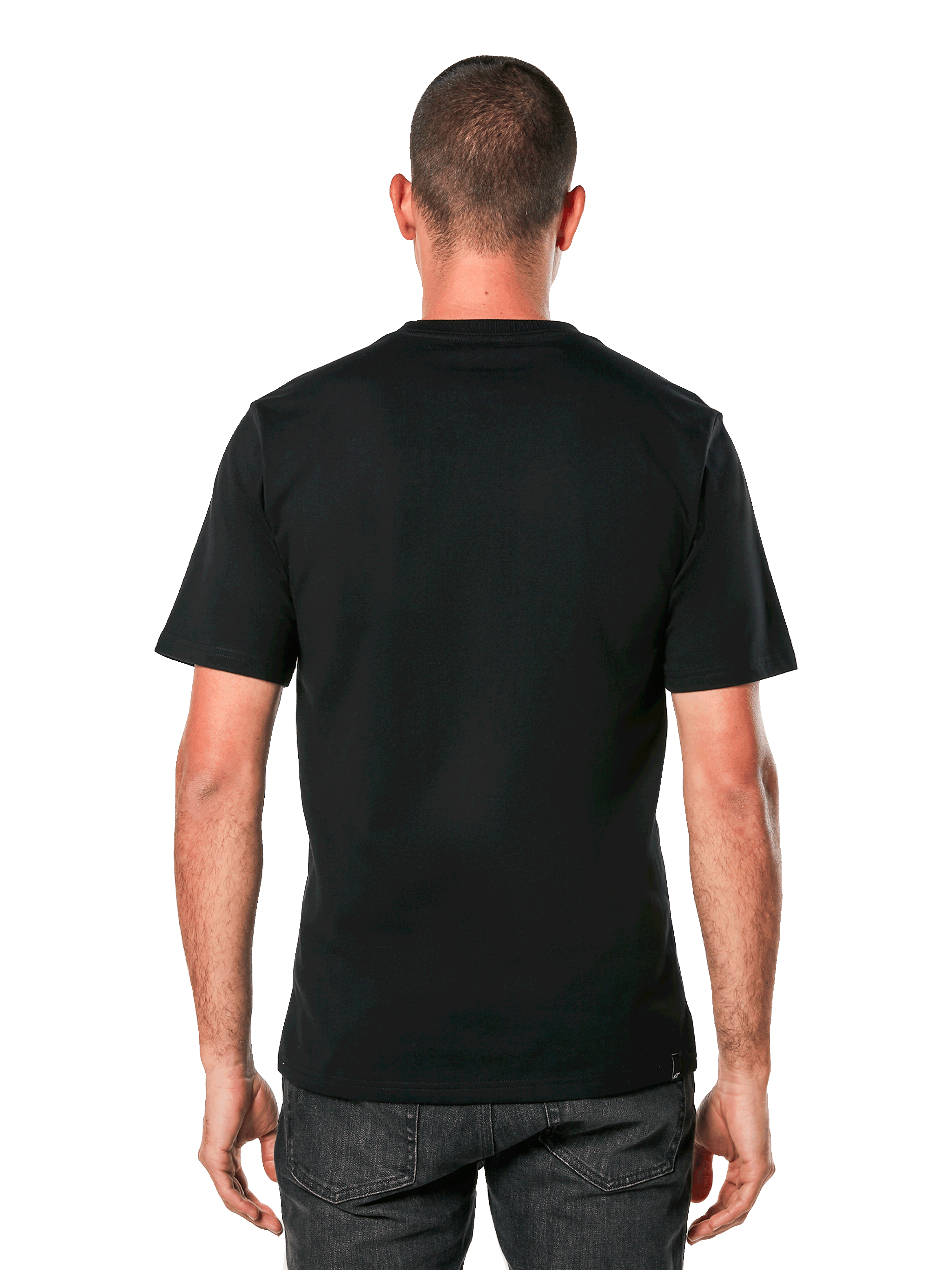 Alpinestars Ageless 2.0 CSF Tee, t-shirt à manches courtes, noir, vue de dos sur modèle, design épuré avec coupe « cut and sew », vêtement de sport décontracté inspiré des sports mécaniques