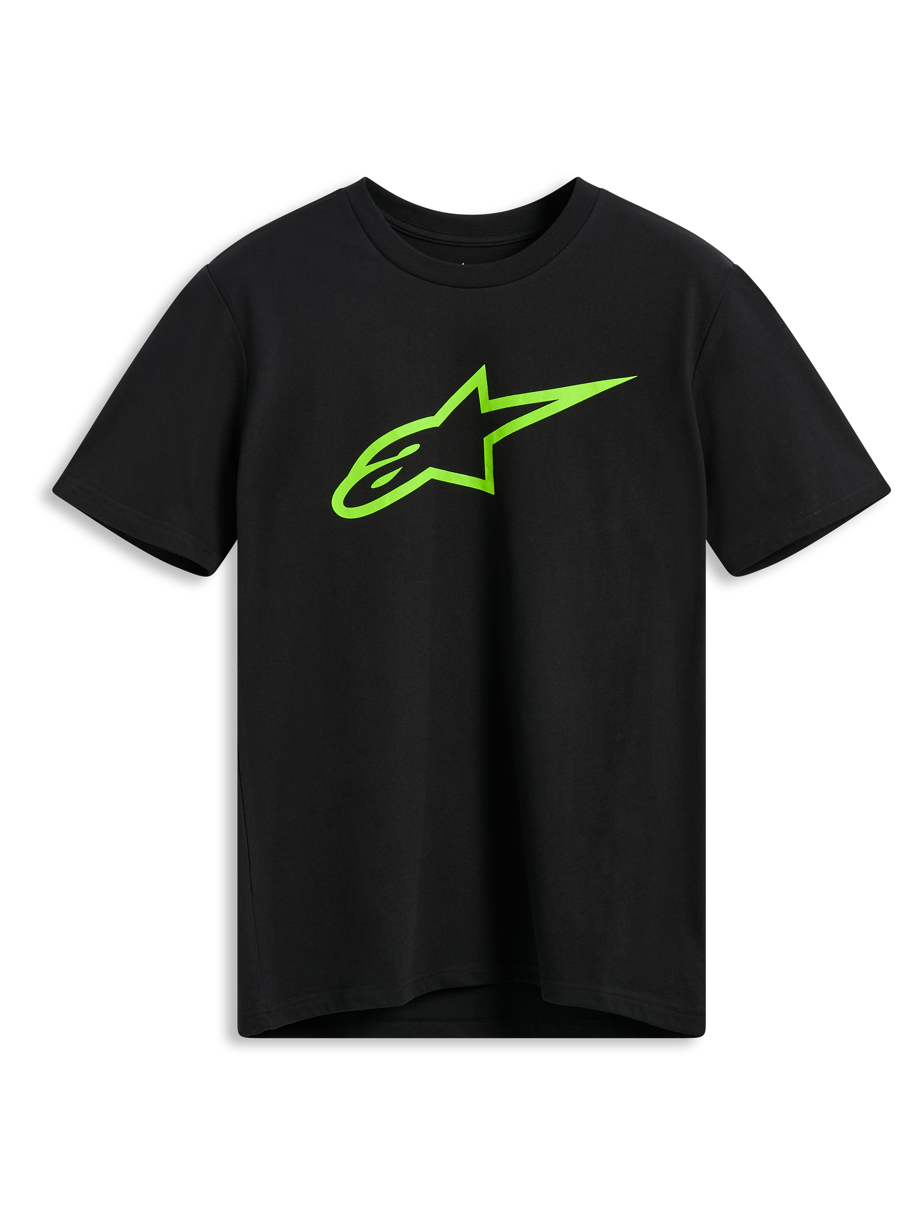 Alpinestars Ageless 2.0 CSF Tee, t-shirt à manches courtes, noir, logo Alpinestars Astar vert citron, vêtement streetwear motorsport décontracté