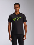 T-shirt Alpinestars Ageless 2.0 CSF, t-shirt à manches courtes, noir avec graphique de casque Alpinestars MX vert citron, streetwear décontracté de sport automobile