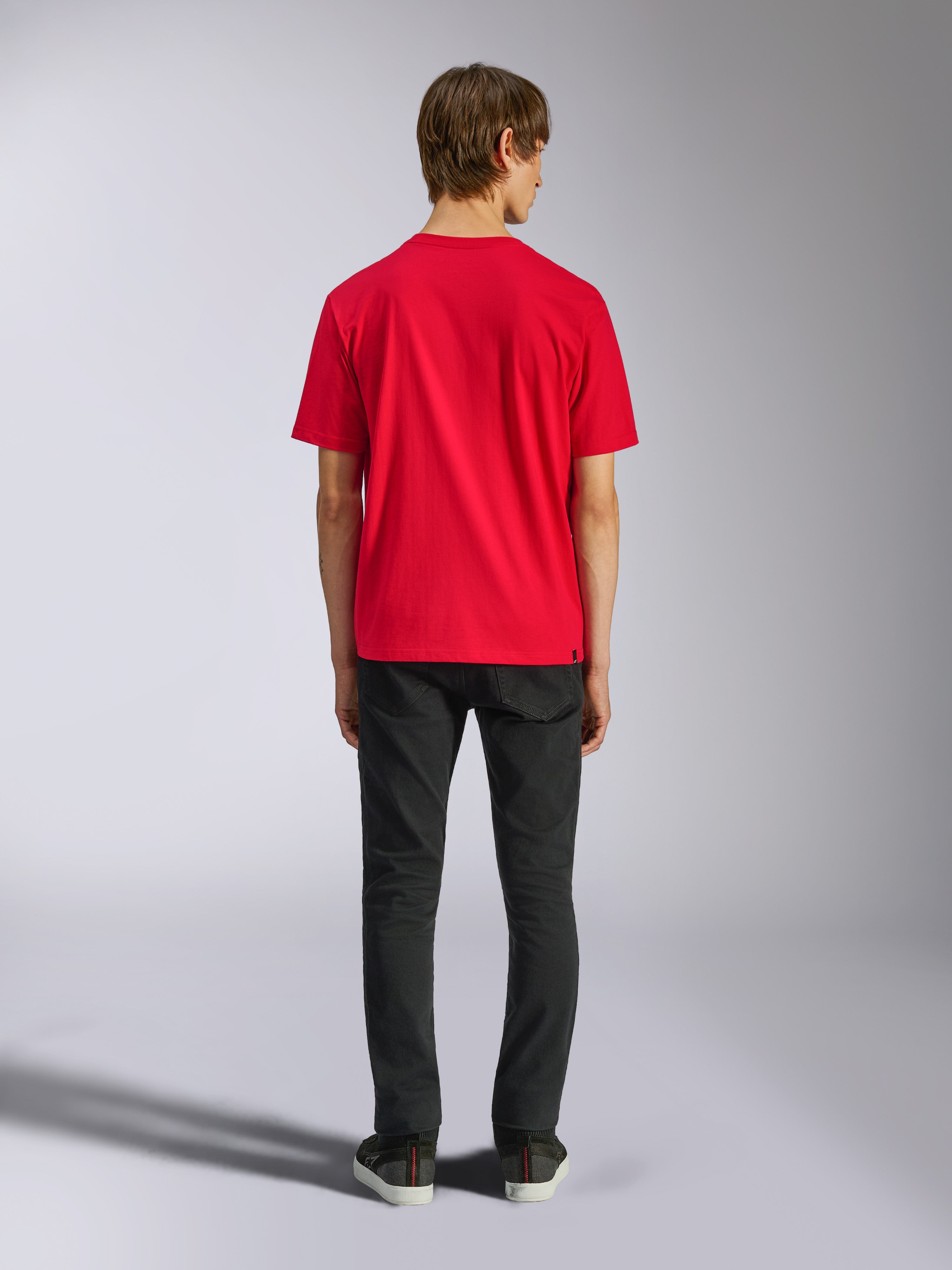 Alpinestars Ageless Shadow CSF Tee, Short Sleeve T-Shirt, Red, Back view on model paired with black pants, Casual Motorsport Streetwear