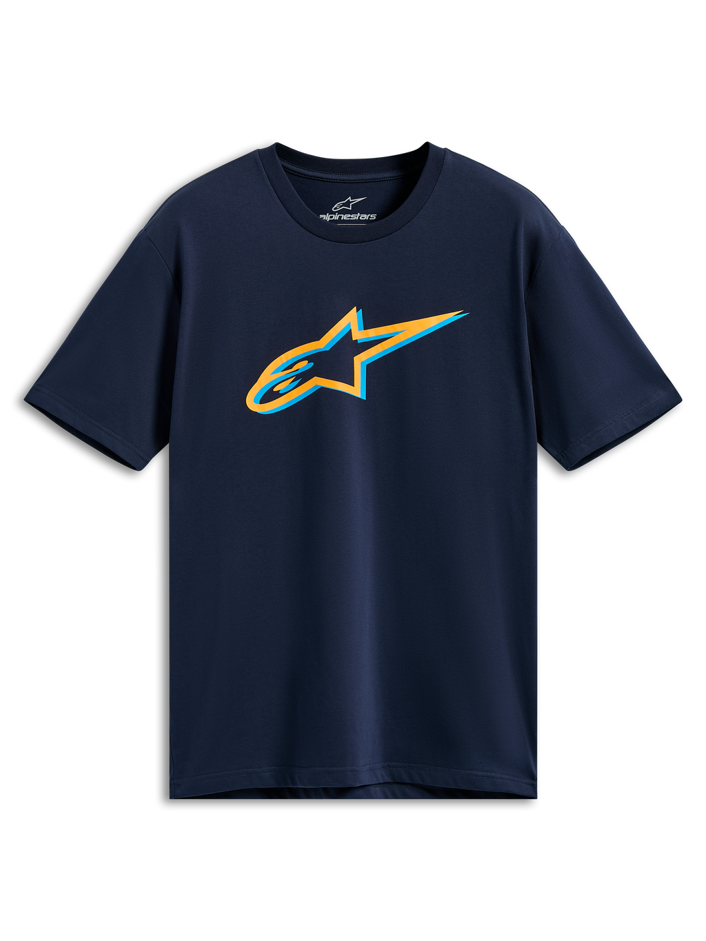T-shirt Alpinestars Ageless Shadow CSF, t-shirt à manches courtes, bleu marine, logo Ageless en ombre orange et bleu clair sur la poitrine, sportswear décontracté