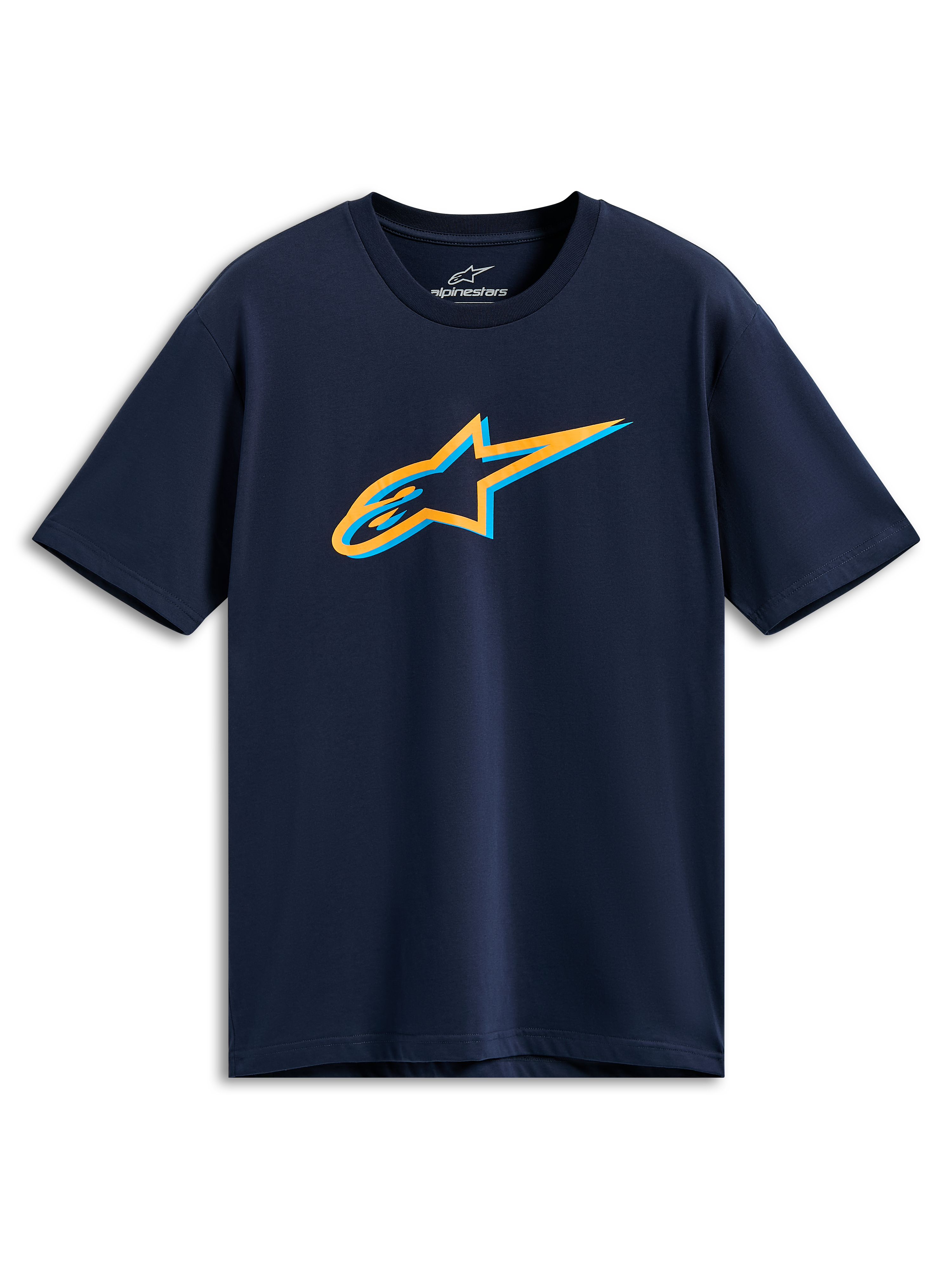 T-shirt Alpinestars Ageless Shadow CSF, t-shirt à manches courtes, bleu marine, logo Ageless en ombre orange et bleu clair sur la poitrine, sportswear décontracté