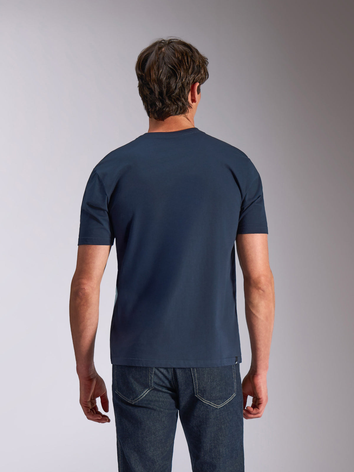T-shirt Alpinestars Ageless Shadow CSF, t-shirt à manches courtes, bleu marine, vue de dos, porté par un mannequin avec un jean foncé, vêtement lifestyle de sport automobile décontracté
