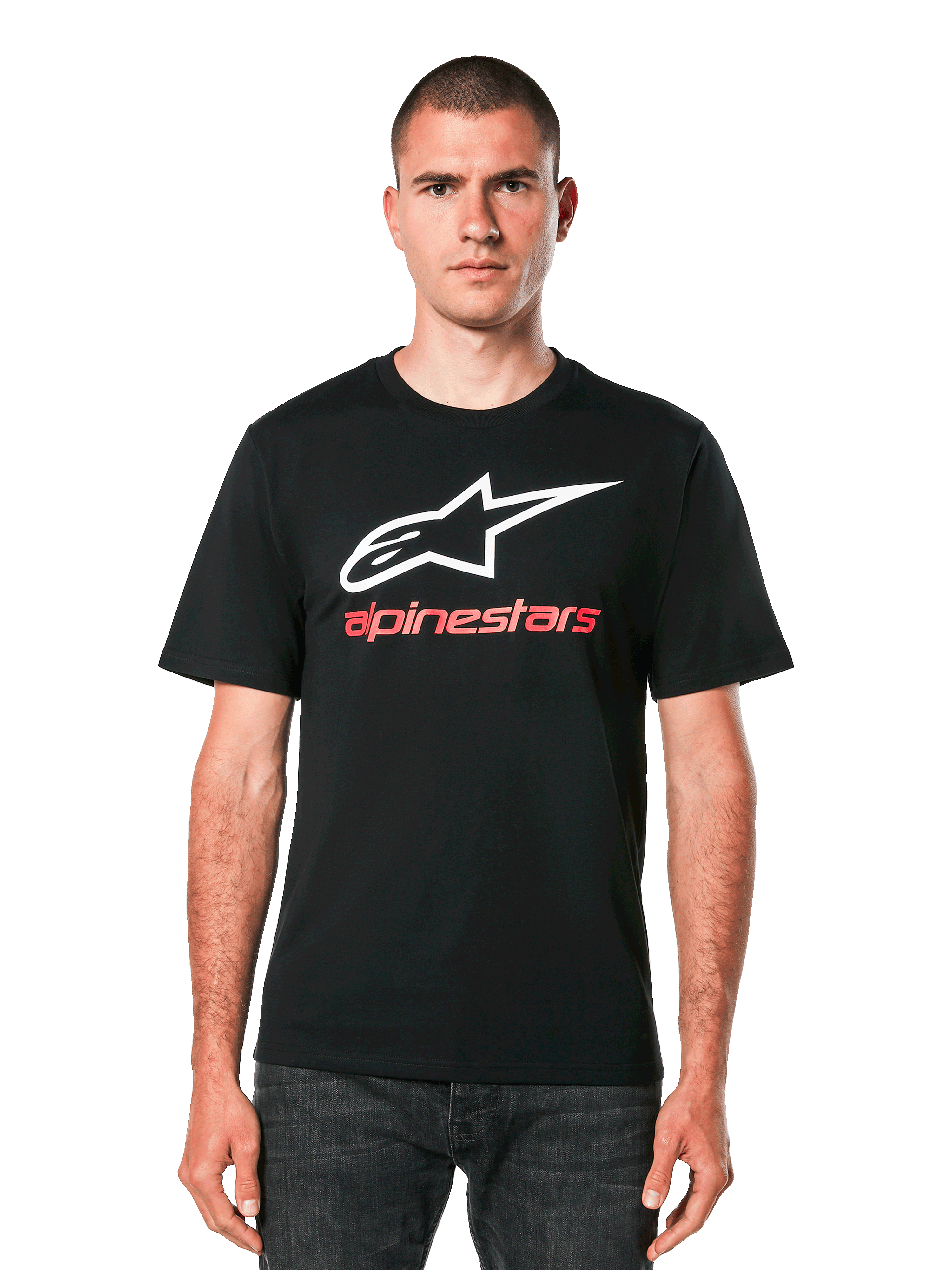 Alpinestars Always 2.0 CSF Tee, t-shirt à manches courtes, noir, logo étoile blanc avec texte Alpinestars rouge, style streetwear décontracté inspiré des sports mécaniques