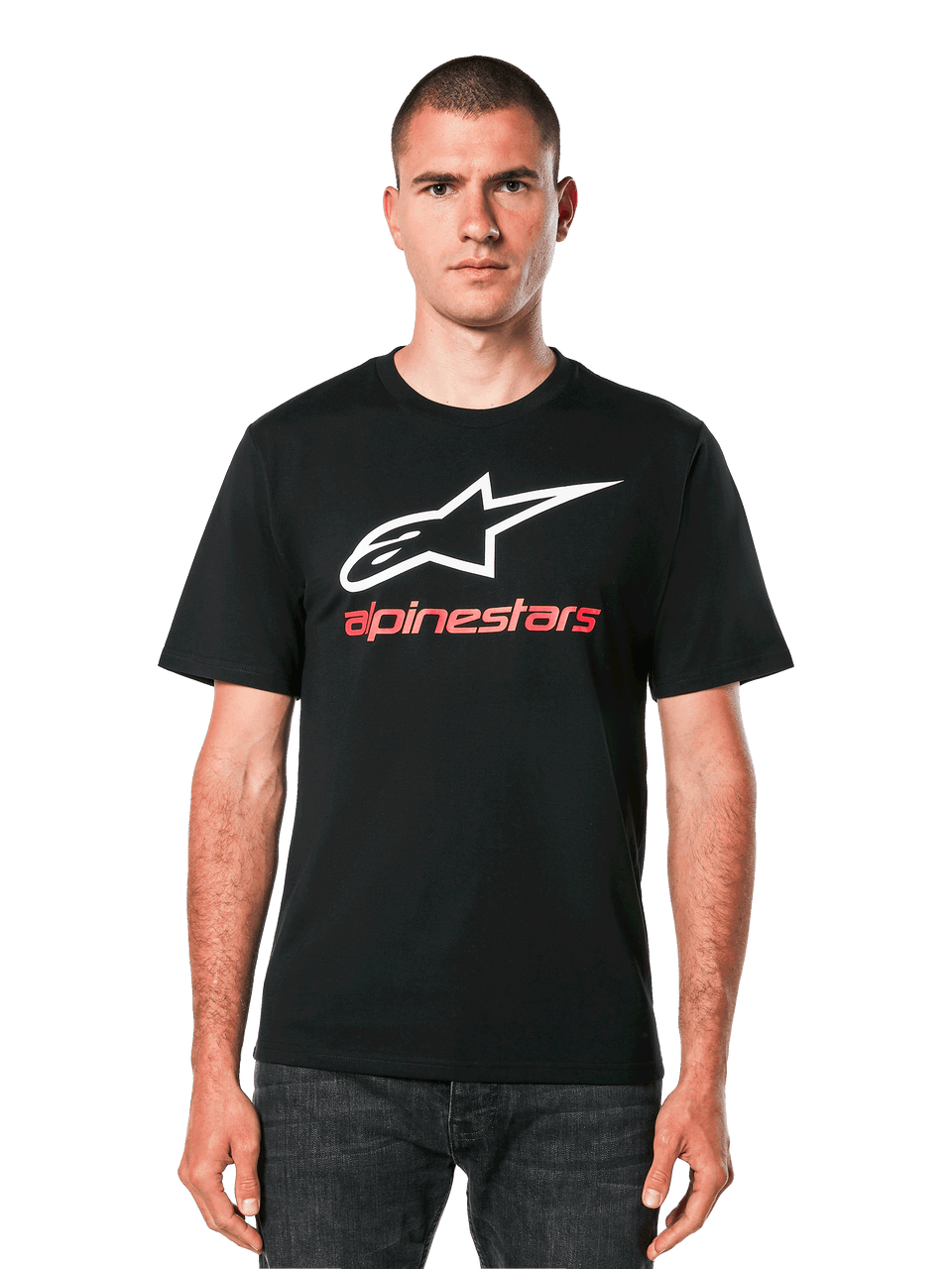 Alpinestars Always 2.0 CSF Tee, t-shirt noir pour homme avec logo étoile blanc et texte rouge alpinestars, manches courtes, style décontracté