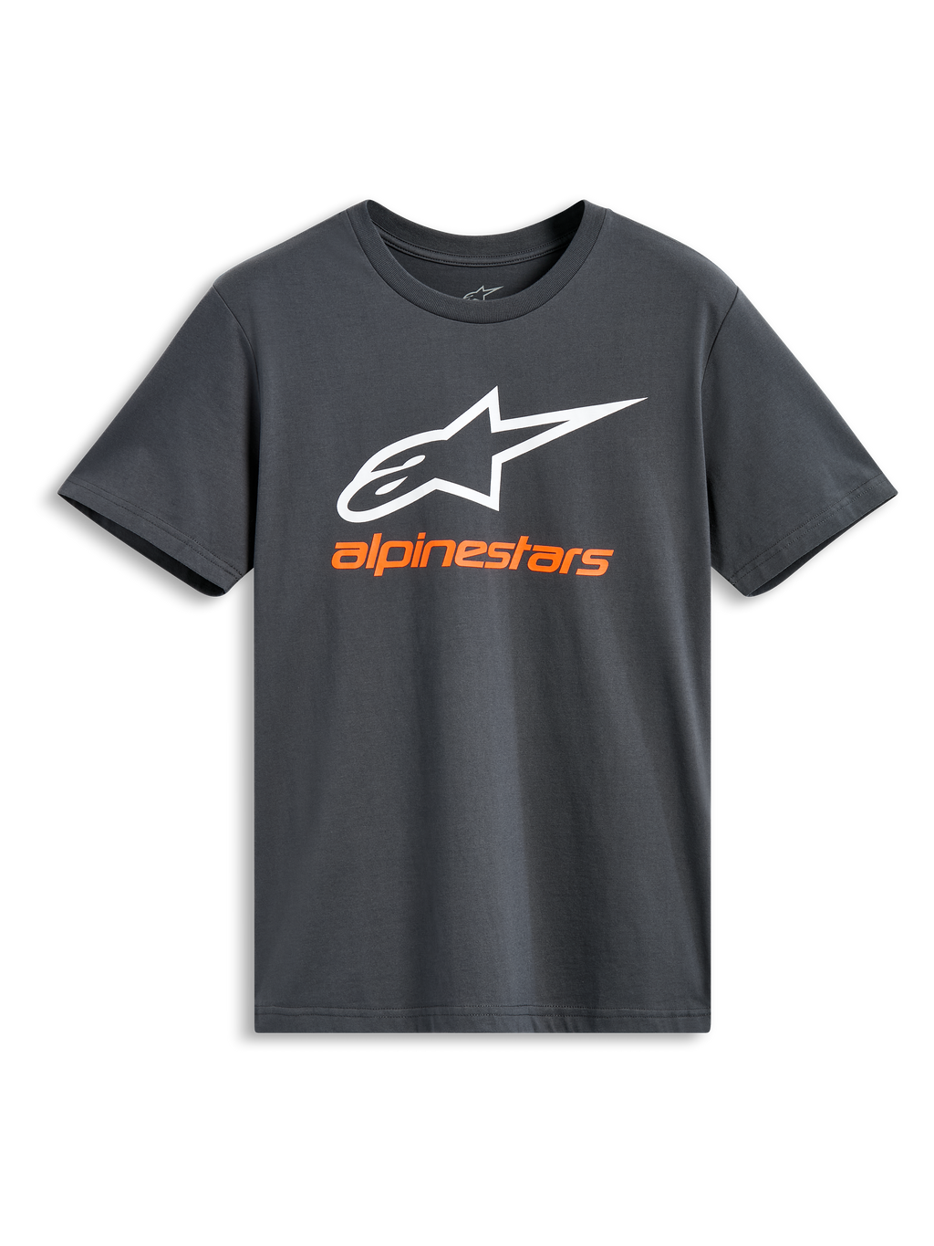 T-shirt Alpinestars Always 2.0 CSF, manches courtes, anthracite, grand logo Alpinestars blanc avec nom de marque orange, streetwear motorsport décontracté