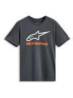 T-shirt Alpinestars Always 2.0 CSF, manches courtes, anthracite, grand logo Alpinestars blanc avec nom de marque orange, streetwear motorsport décontracté