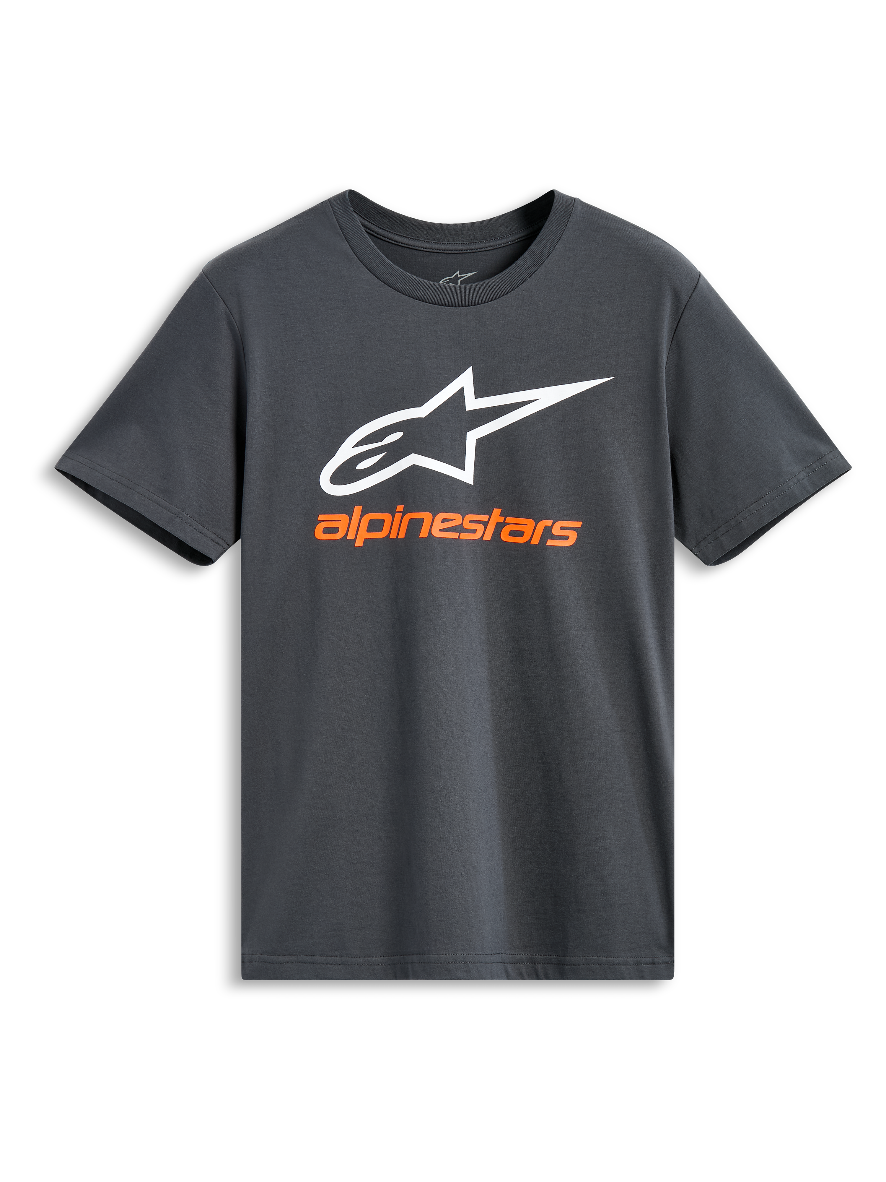 T-shirt Alpinestars Always 2.0 CSF, manches courtes, anthracite, grand logo Alpinestars blanc avec nom de marque orange, streetwear motorsport décontracté