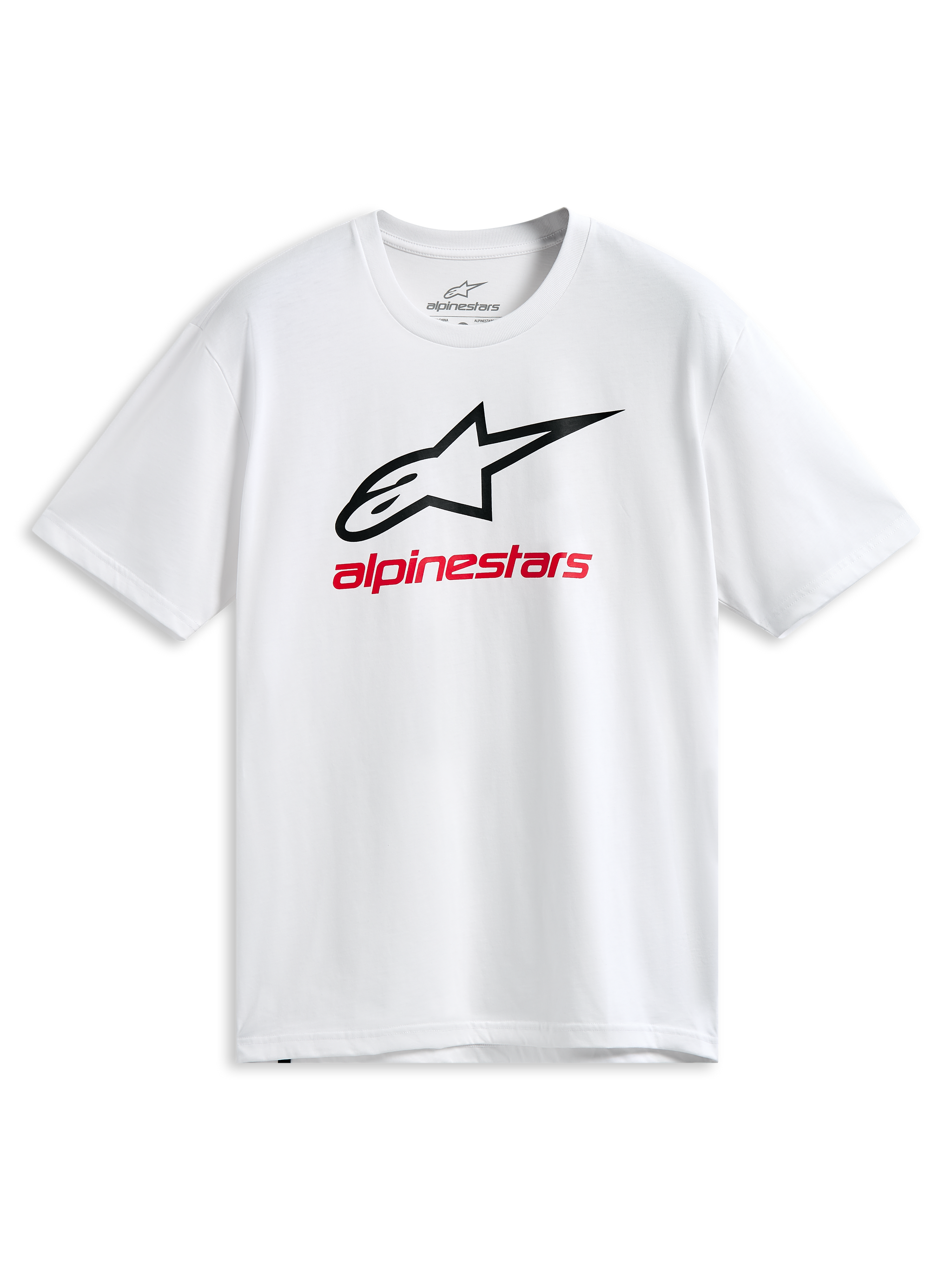 Alpinestars Always 2.0 CSF Tee, t-shirt à manches courtes, blanc, logo Astars aux contours noirs et graphisme Alpinestars rouge, sportswear décontracté inspiré du sport automobile
