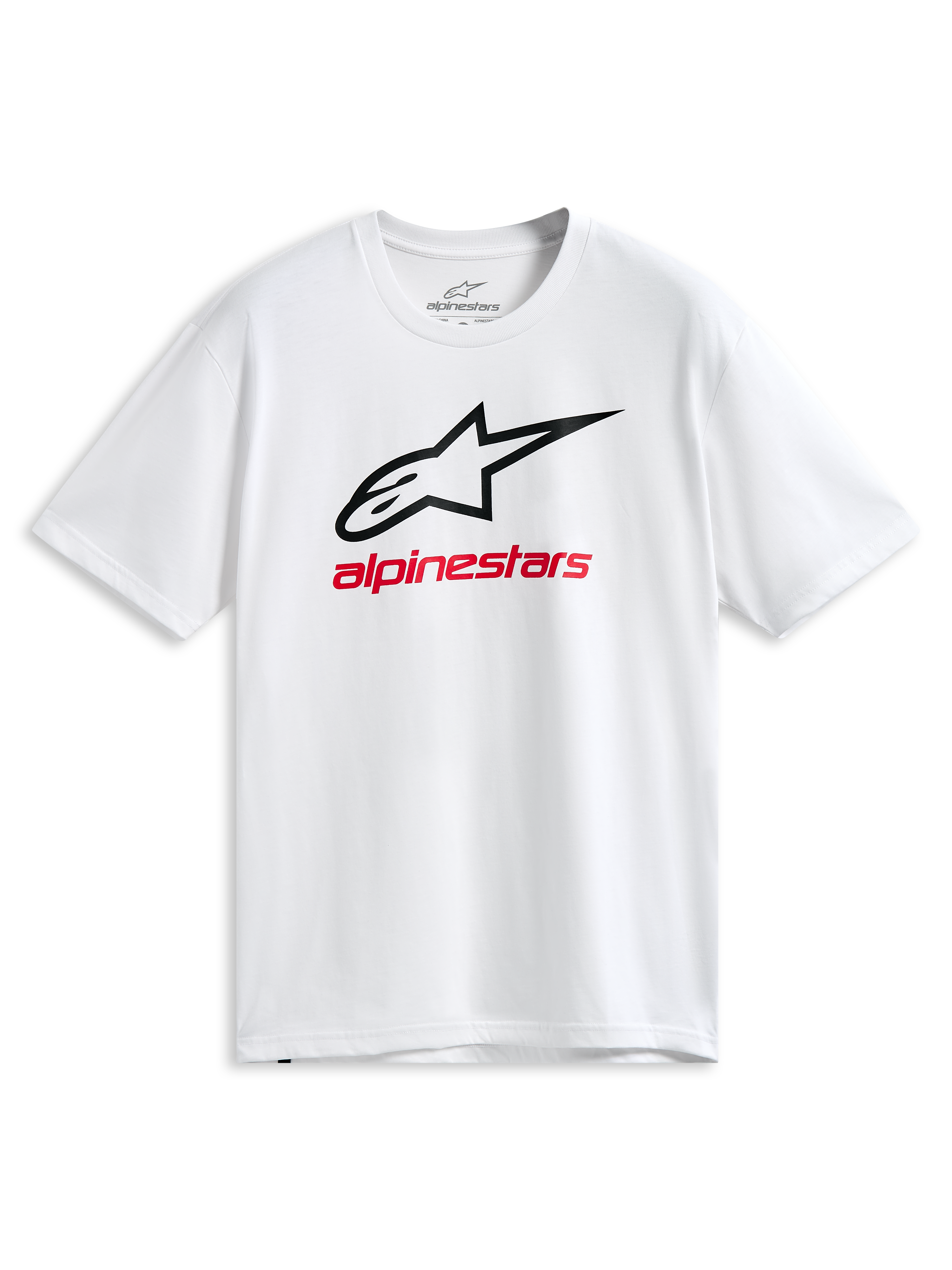 Alpinestars Always 2.0 CSF Tee, t-shirt à manches courtes, blanc, logo Astars aux contours noirs et graphisme Alpinestars rouge, sportswear décontracté inspiré du sport automobile