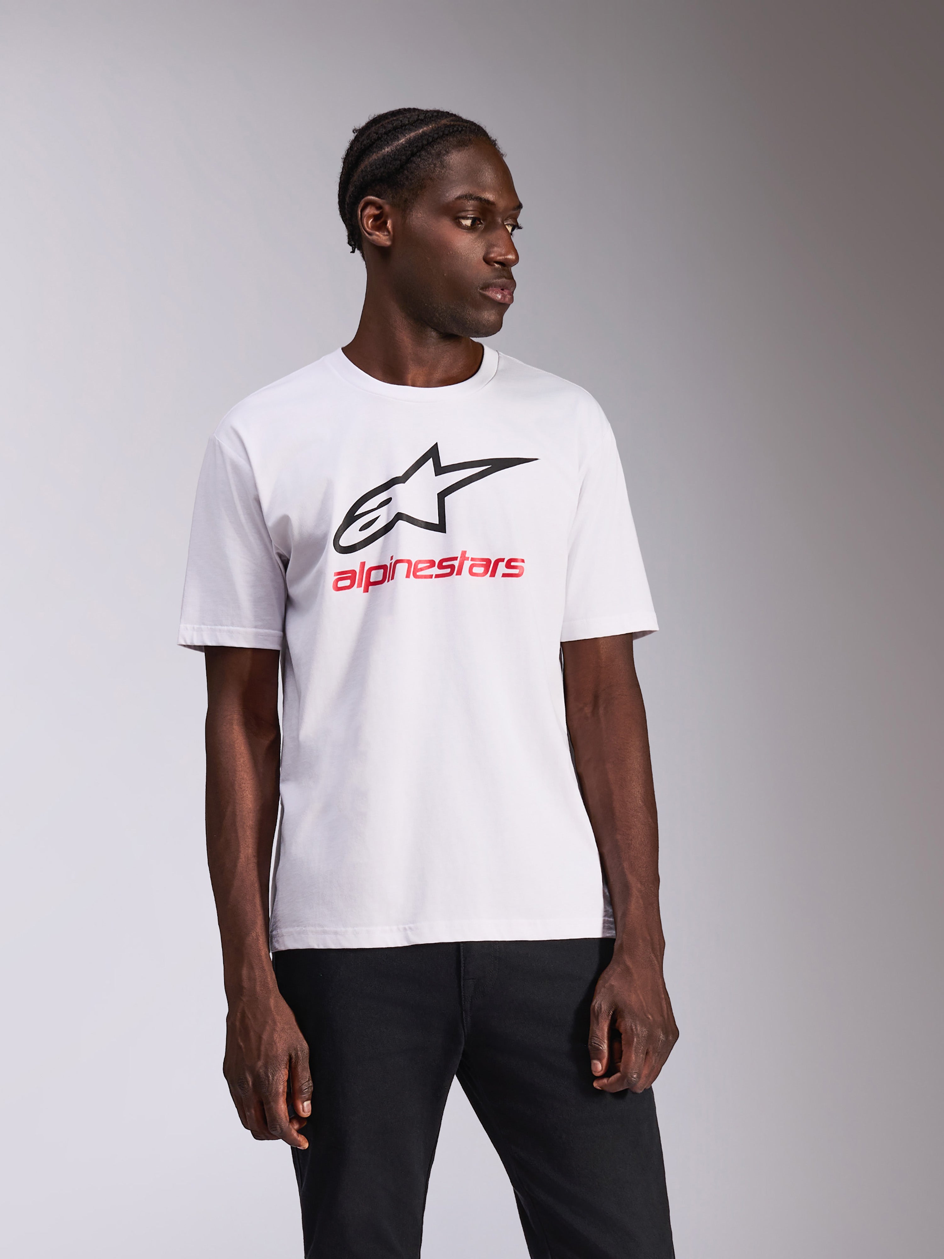 T-shirt Alpinestars Always 2.0 CSF, t-shirt à manches courtes, blanc, logo Alpinestars noir et texte rouge, vêtement sportswear décontracté motorsport