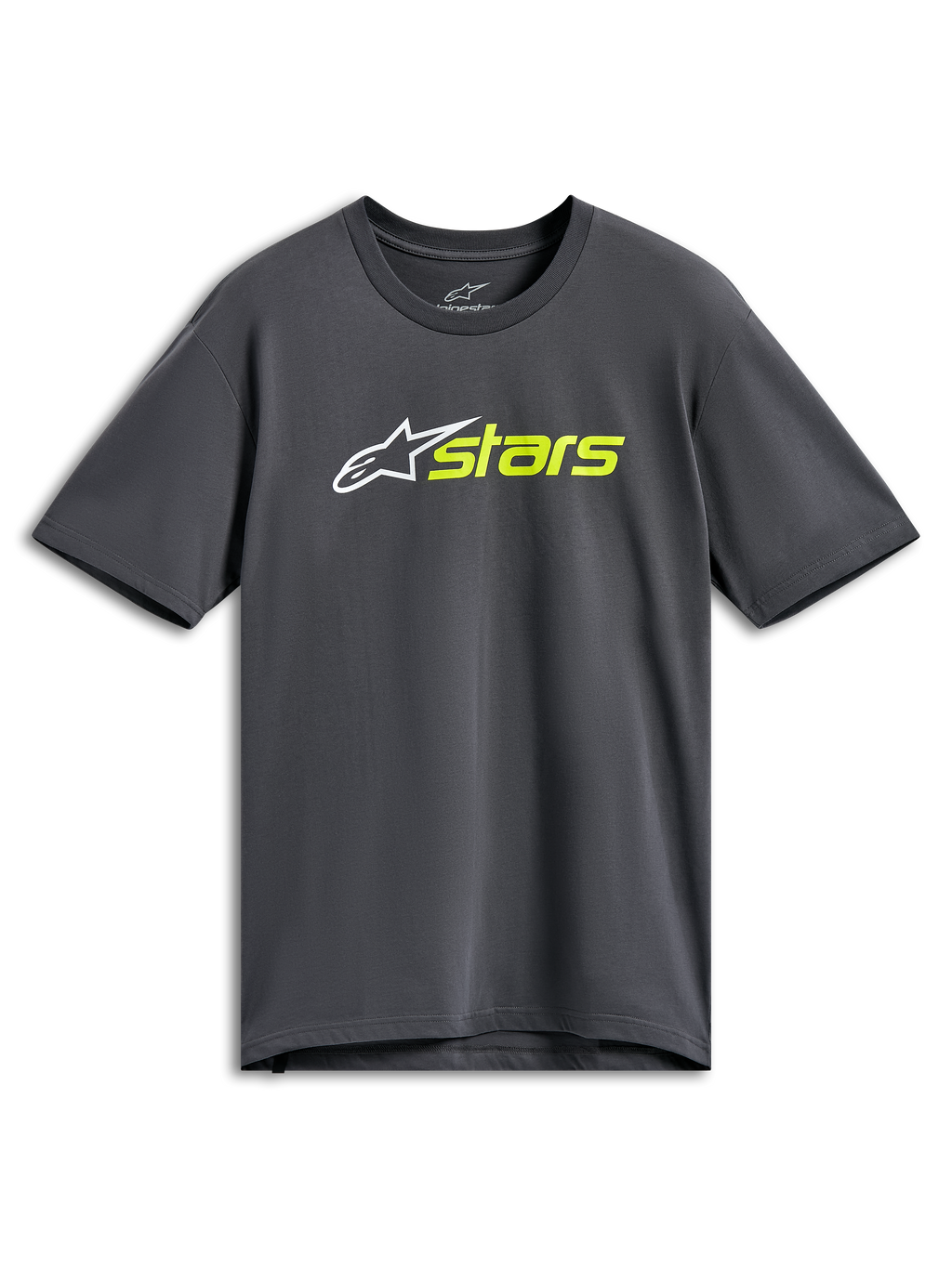 T-shirt Alpinestars Blaze 2.0 CSF, t-shirt à manches courtes, gris anthracite, logo étoile blanc avec texte « stars » jaune fluo, streetwear décontracté