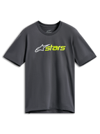 T-shirt Alpinestars Blaze 2.0 CSF, t-shirt à manches courtes, gris anthracite, logo étoile blanc avec texte « stars » jaune fluo, streetwear décontracté
