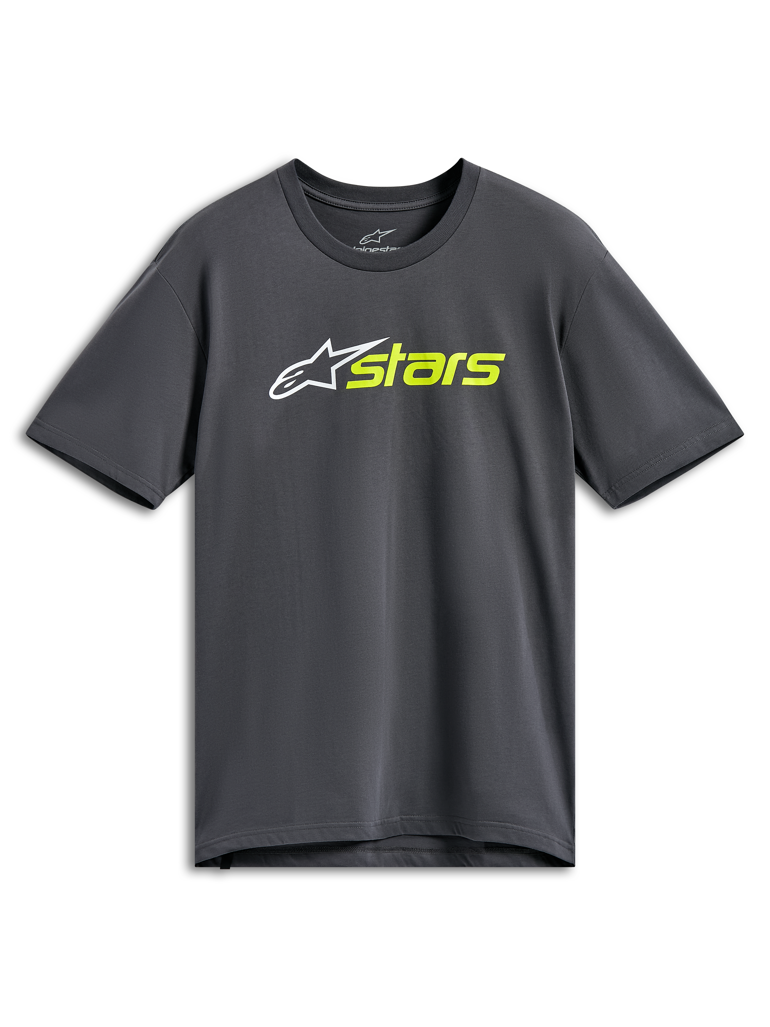 T-shirt Alpinestars Blaze 2.0 CSF, t-shirt à manches courtes, gris anthracite, logo étoile blanc avec texte « stars » jaune fluo, streetwear décontracté