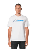 Alpinestars Blaze 2.0 CSF Tee, White Short Sleeve T-Shirt, Blue Alpinestars Logo Graphic, Casual Motorsport Streetwear, Worn with Dark Jeans