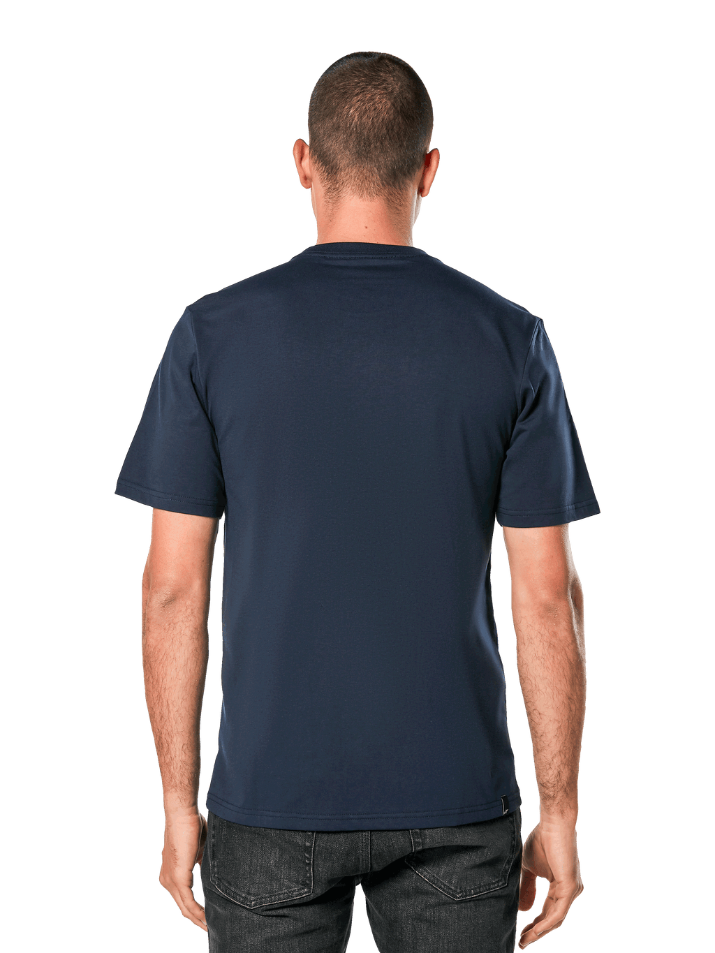 Alpinestars Blaze 2.0 CSF Tee, t-shirt à manches courtes, bleu marine, vue de dos sur modèle, streetwear décontracté d'inspiration sports mécaniques