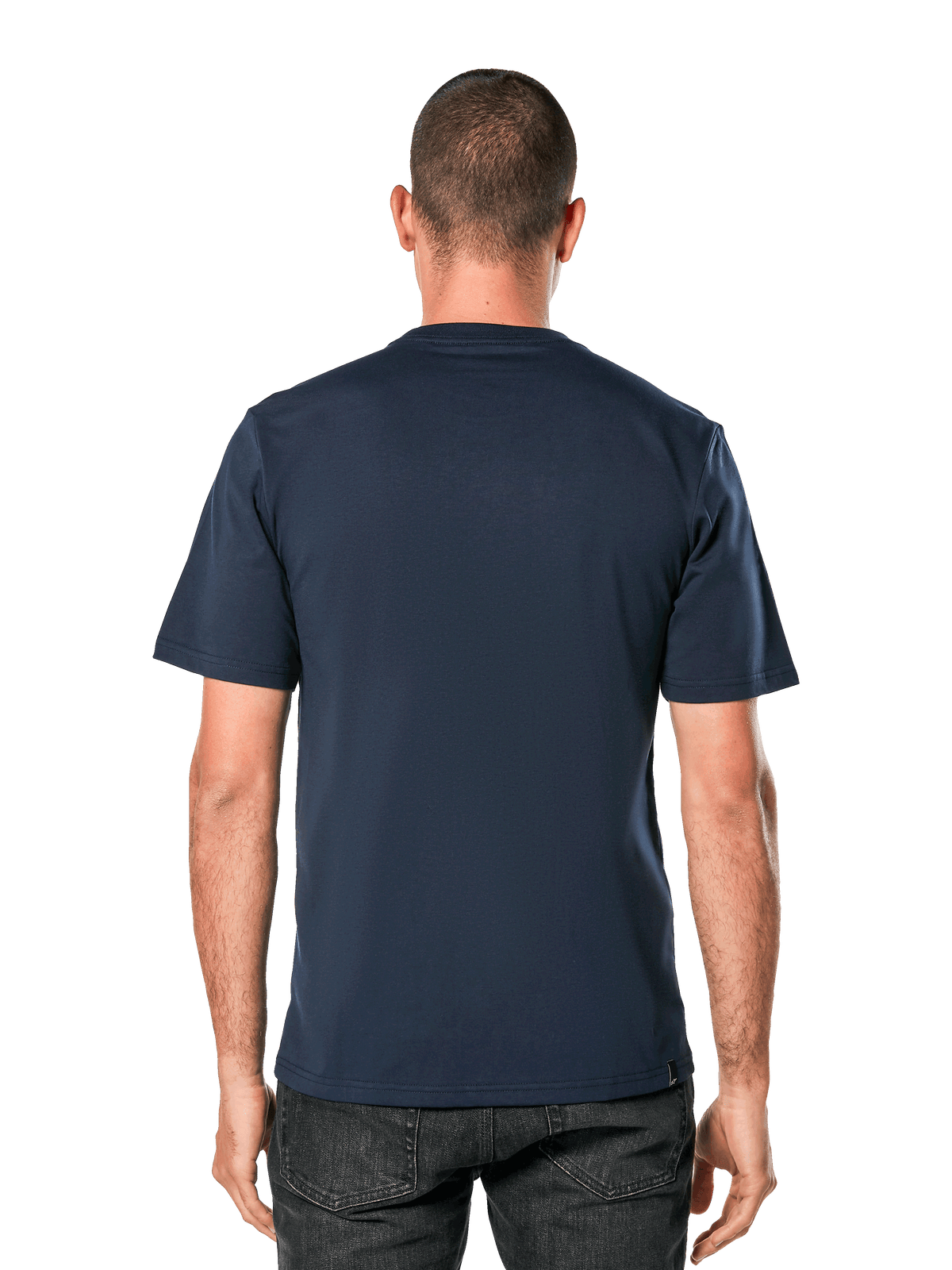 Alpinestars Blaze 2.0 CSF Tee, t-shirt à manches courtes, bleu marine, vue de dos sur modèle, streetwear décontracté d'inspiration sports mécaniques