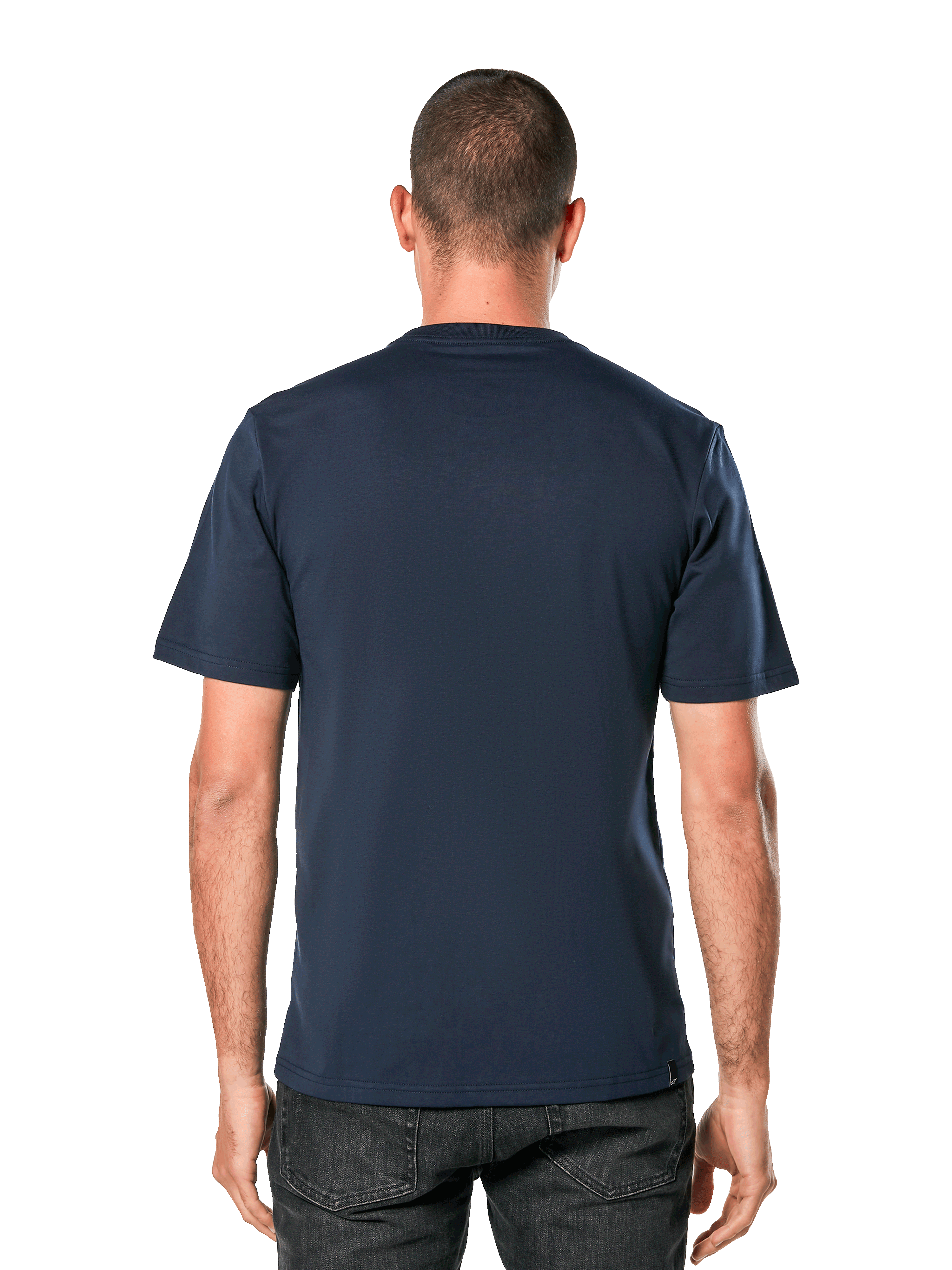 Alpinestars Blaze 2.0 CSF Tee, t-shirt à manches courtes, bleu marine, vue de dos sur modèle, streetwear décontracté d'inspiration sports mécaniques