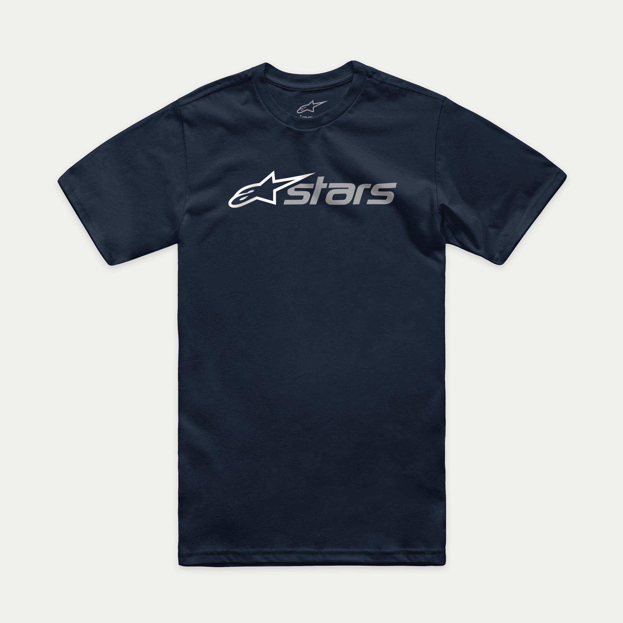 Tee-shirt Alpinestars Blaze 2.0 CSF, t-shirt à manches courtes bleu marine avec graphique du logo Blaze 2.0 blanc et gris, vêtement streetwear décontracté inspiré du sport automobile