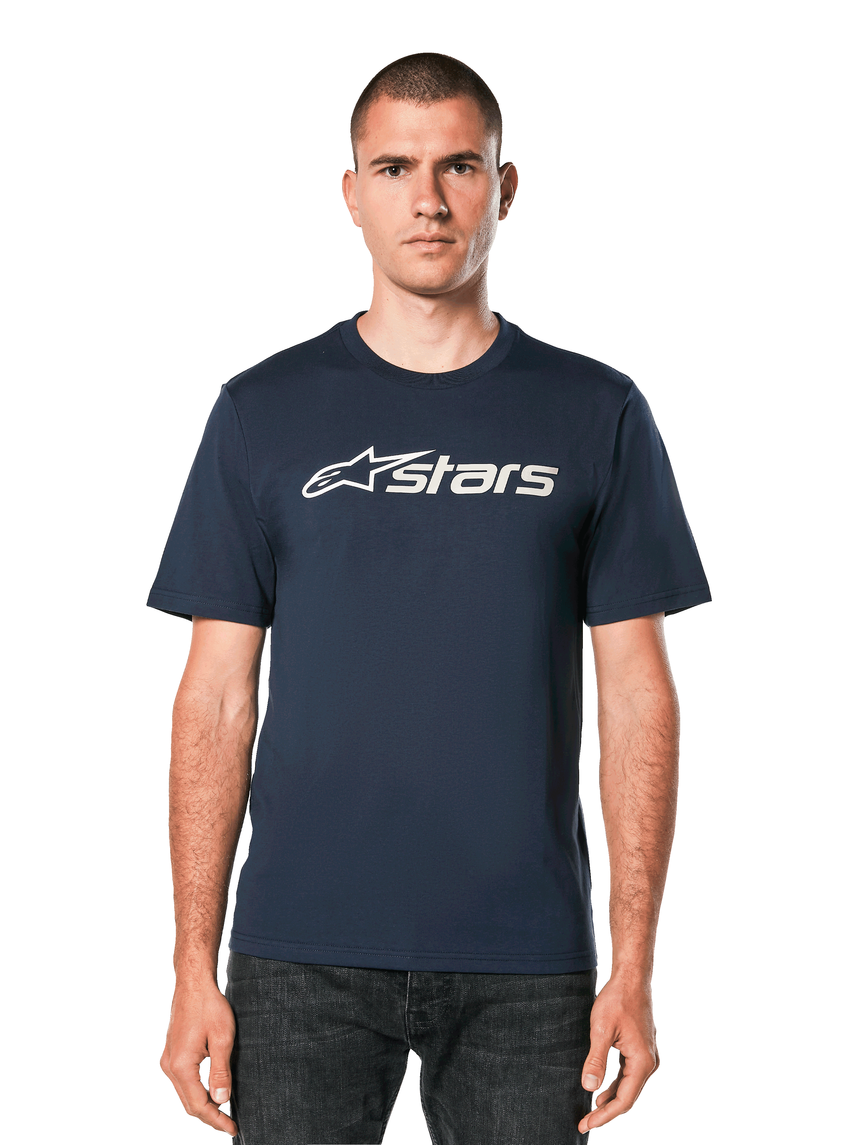 Alpinestars Blaze 2.0 CSF Tee, Navy Blue Short Sleeve T-Shirt with White Astars Logo Graphic, worn by a man with dark jeans, Casual Motorsport Lifestyle Apparel