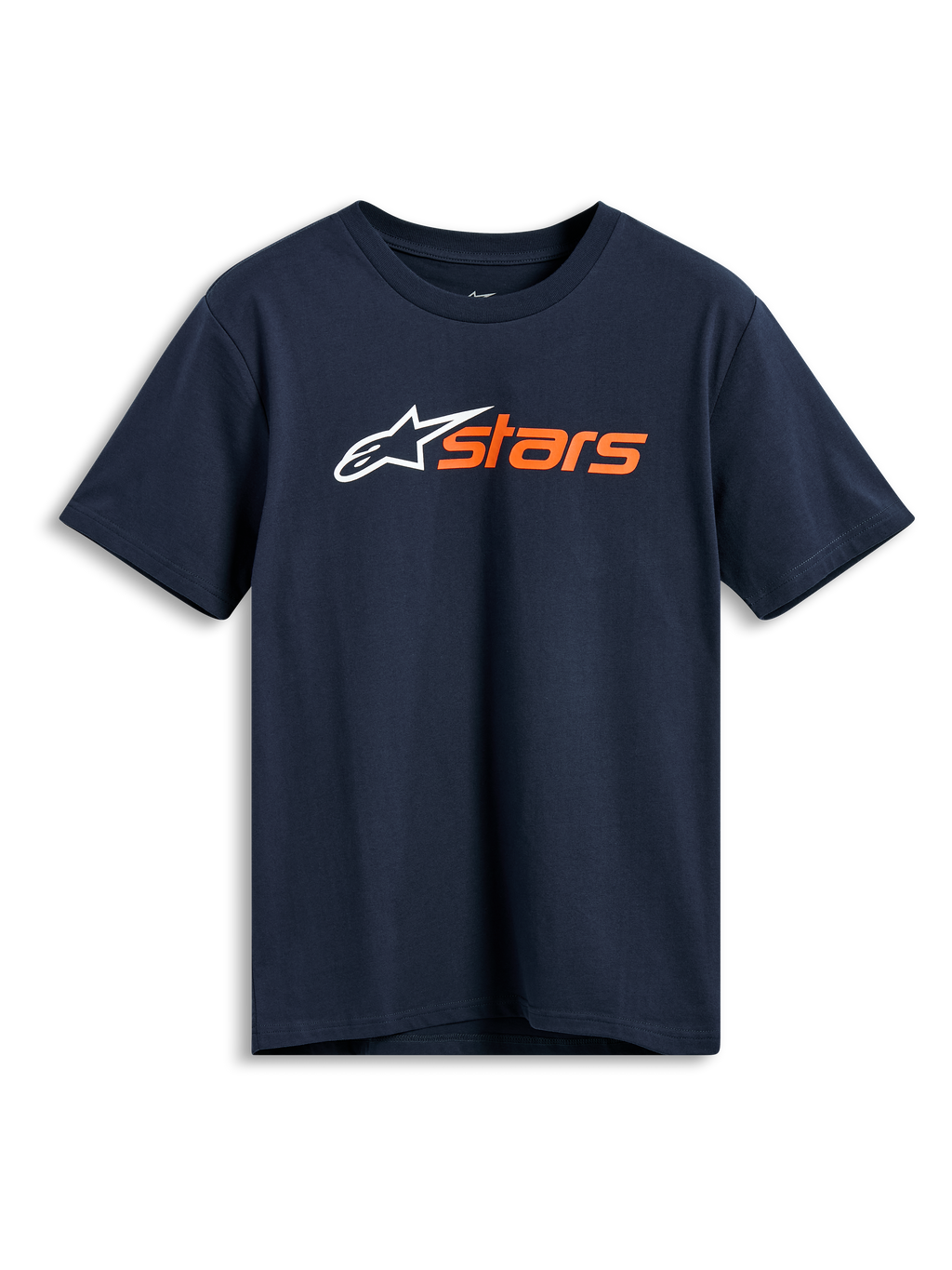 T-shirt Alpinestars Blaze 2.0 CSF, t-shirt à manches courtes, bleu marine, logo Alpinestars blanc et graphisme « stars » orange sur la poitrine, sportswear décontracté motorsport