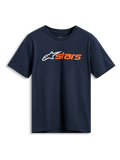 T-shirt Alpinestars Blaze 2.0 CSF, t-shirt à manches courtes, bleu marine, logo Alpinestars blanc et graphisme « stars » orange sur la poitrine, sportswear décontracté motorsport