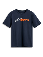 T-shirt Alpinestars Blaze 2.0 CSF, t-shirt à manches courtes, bleu marine, logo Alpinestars blanc et graphisme « stars » orange sur la poitrine, sportswear décontracté motorsport