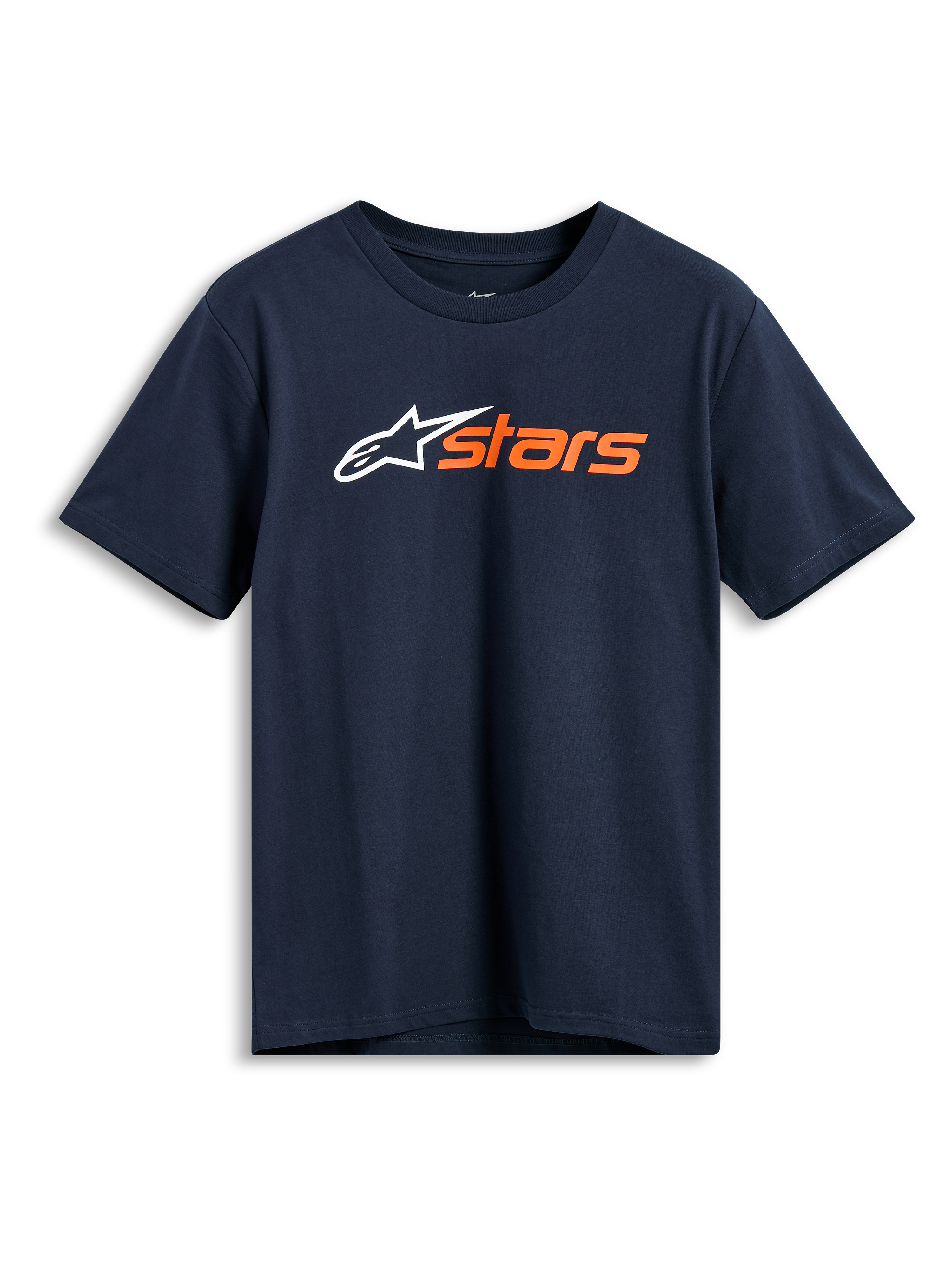 T-shirt Alpinestars Blaze 2.0 CSF, t-shirt à manches courtes, bleu marine, logo Alpinestars blanc et graphisme « stars » orange sur la poitrine, sportswear décontracté motorsport