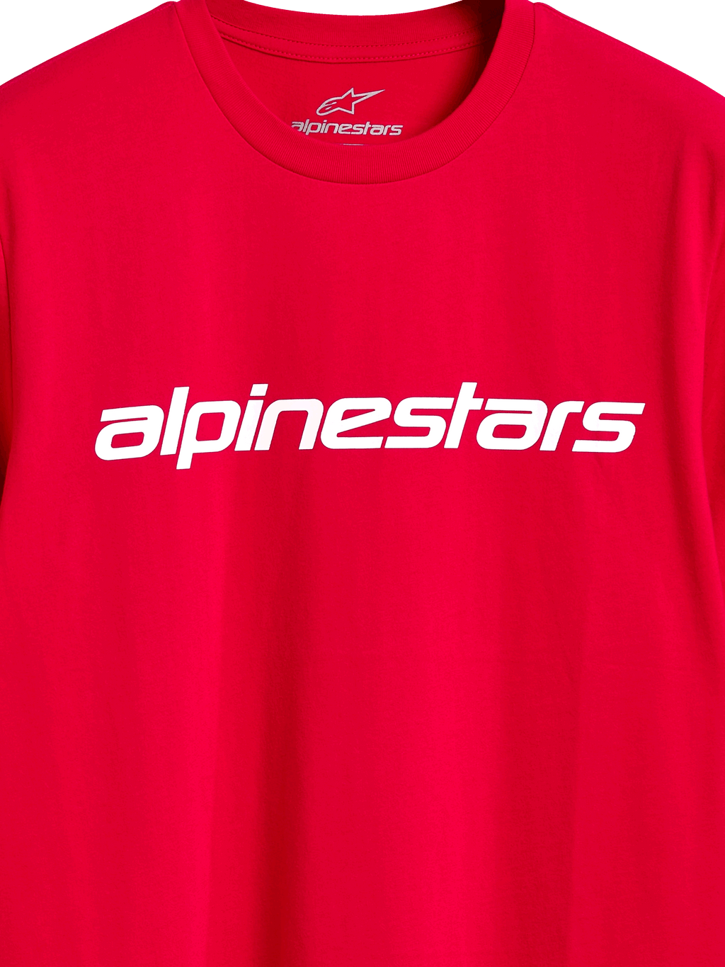 T-shirt Alpinestars Linear Wordmark 2.0 CSF, t-shirt à manches courtes, rouge, mot-symbole Alpinestars linéaire blanc sur la poitrine, marquage interne au col, style streetwear de sport automobile décontracté