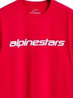 T-shirt Alpinestars Linear Wordmark 2.0 CSF, t-shirt à manches courtes, rouge, mot-symbole Alpinestars linéaire blanc sur la poitrine, marquage interne au col, style streetwear de sport automobile décontracté