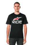Alpinestars Ride 4.0 CSF Tee, Black Short Sleeve T-Shirt with Red Star Logo and White RIDE Text Graphic, Men's Casual Motorsport Apparel