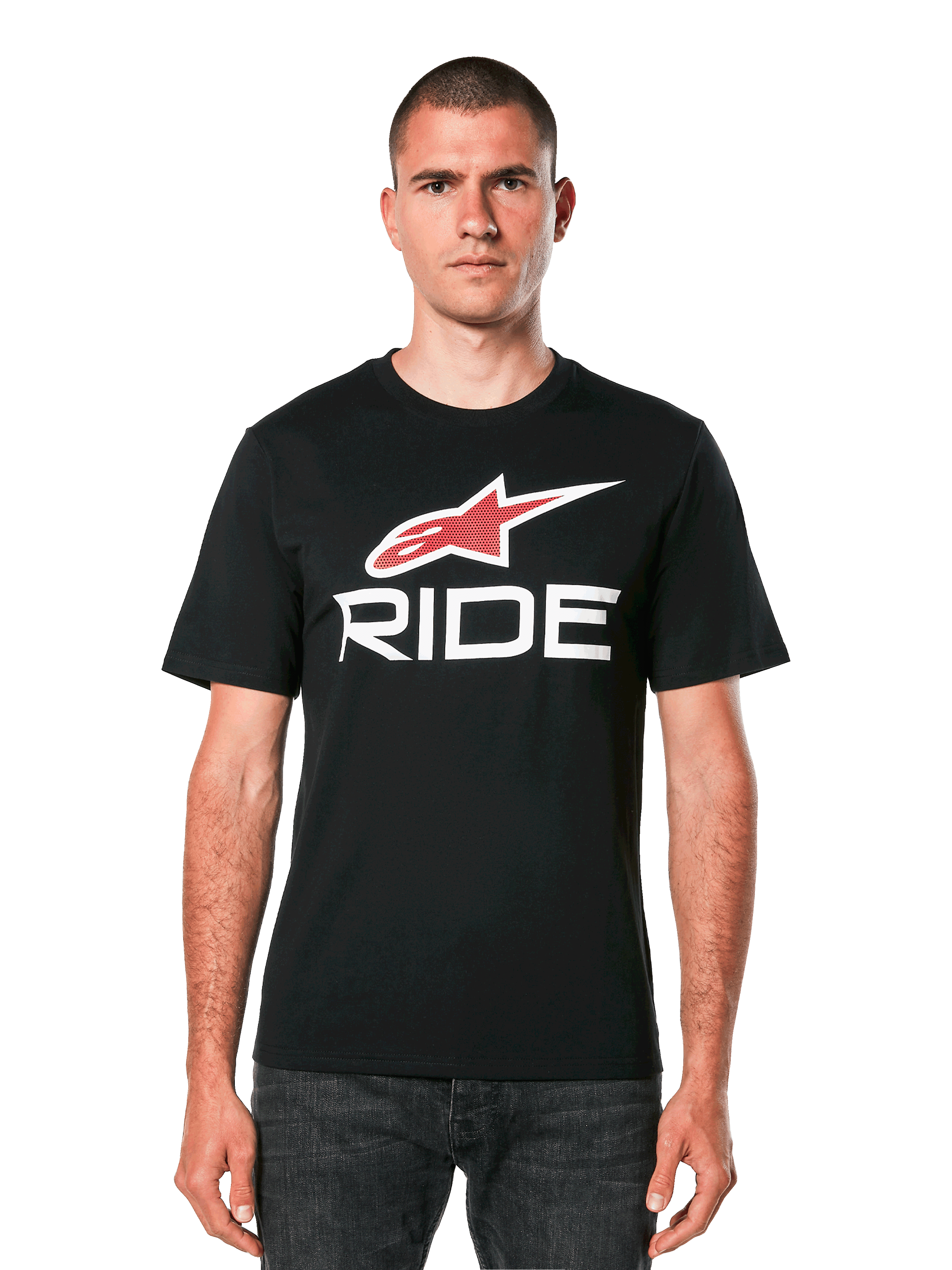 Alpinestars Ride 4.0 CSF Tee, t-shirt noir à manches courtes avec logo étoile rouge et texte "RIDE" blanc, vêtement de sport automobile décontracté pour homme