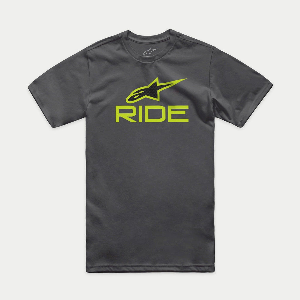 Alpinestars Ride 4.0 CSF Tee, Short Sleeve T-Shirt, Charcoal, Lime Green and Black Astars Logo with RIDE Text, Casual Motorsport Sportswear