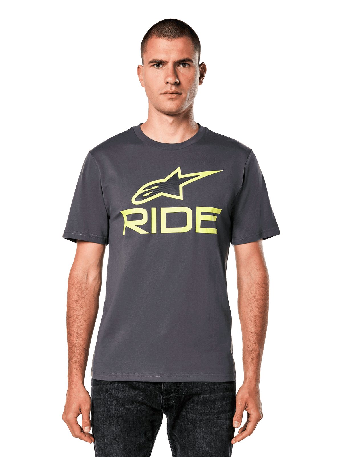 Alpinestars Ride 4.0 CSF Tee, Short Sleeve T-Shirt, Charcoal with Lime Yellow Astars and Ride logo, casual motorsport streetwear, worn by a model with dark jeans against a white background