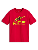 Alpinestars Ride 4.0 CSF Tee, t-shirt à manches courtes, rouge avec texte RIDE jaune fluo et logo A-star, vêtement de sport automobile décontracté