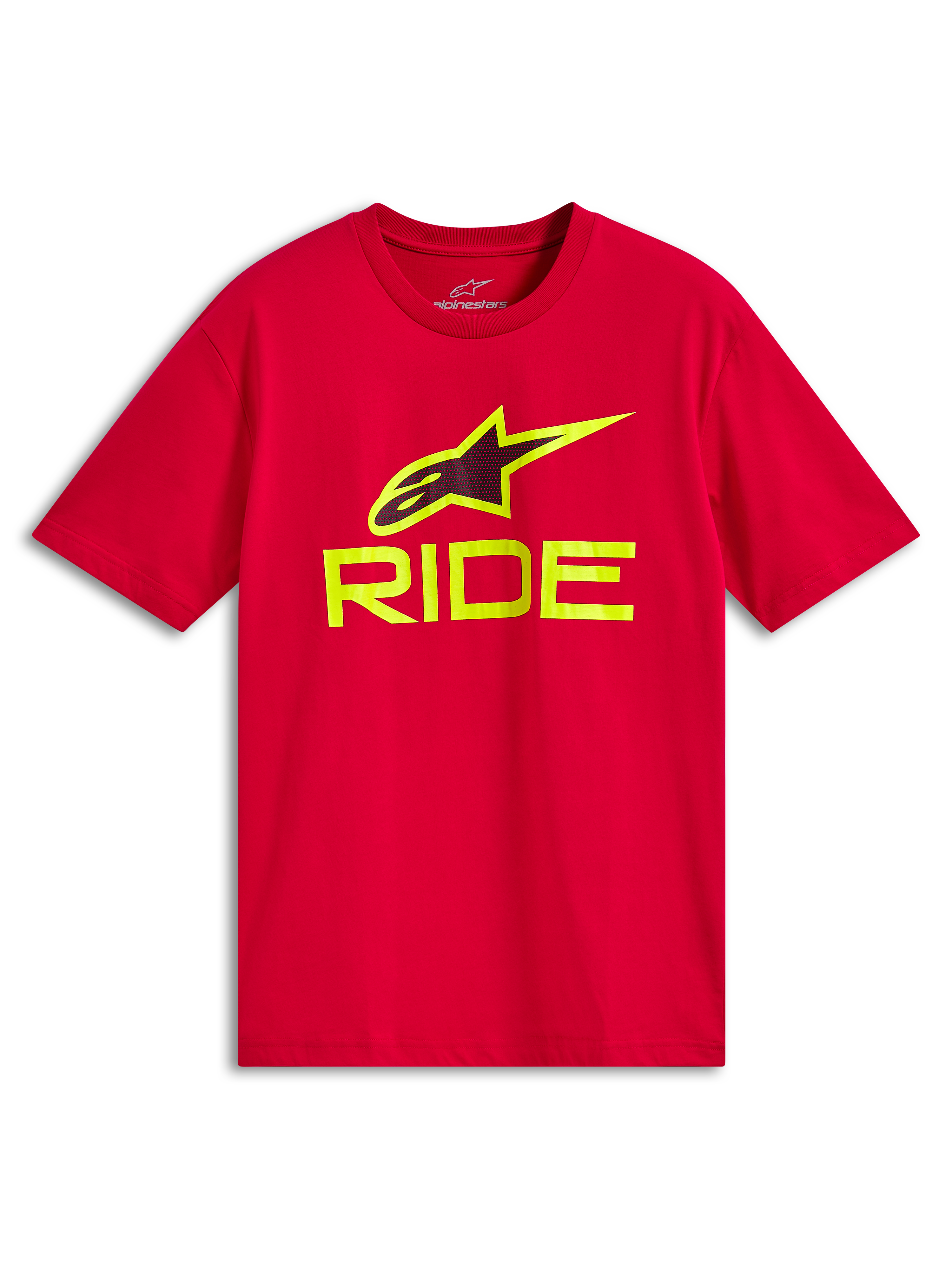 Alpinestars Ride 4.0 CSF Tee, t-shirt à manches courtes, rouge avec texte RIDE jaune fluo et logo A-star, vêtement de sport automobile décontracté