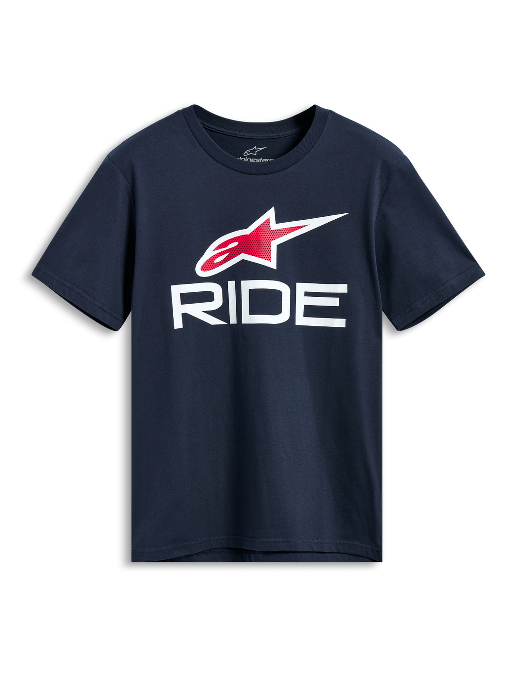 T-shirt Alpinestars Ride 4.0 CSF, t-shirt à manches courtes, bleu marine, logo Astars rouge et blanc avec graphisme RIDE blanc, vêtement sportswear décontracté