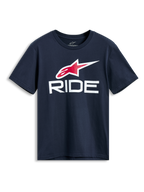 T-shirt Alpinestars Ride 4.0 CSF, t-shirt à manches courtes, bleu marine, logo Astars rouge et blanc avec graphisme RIDE blanc, vêtement sportswear décontracté
