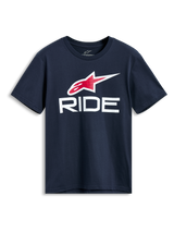 T-shirt Alpinestars Ride 4.0 CSF, t-shirt à manches courtes, bleu marine, logo Astars rouge et blanc avec graphisme RIDE blanc, vêtement sportswear décontracté
