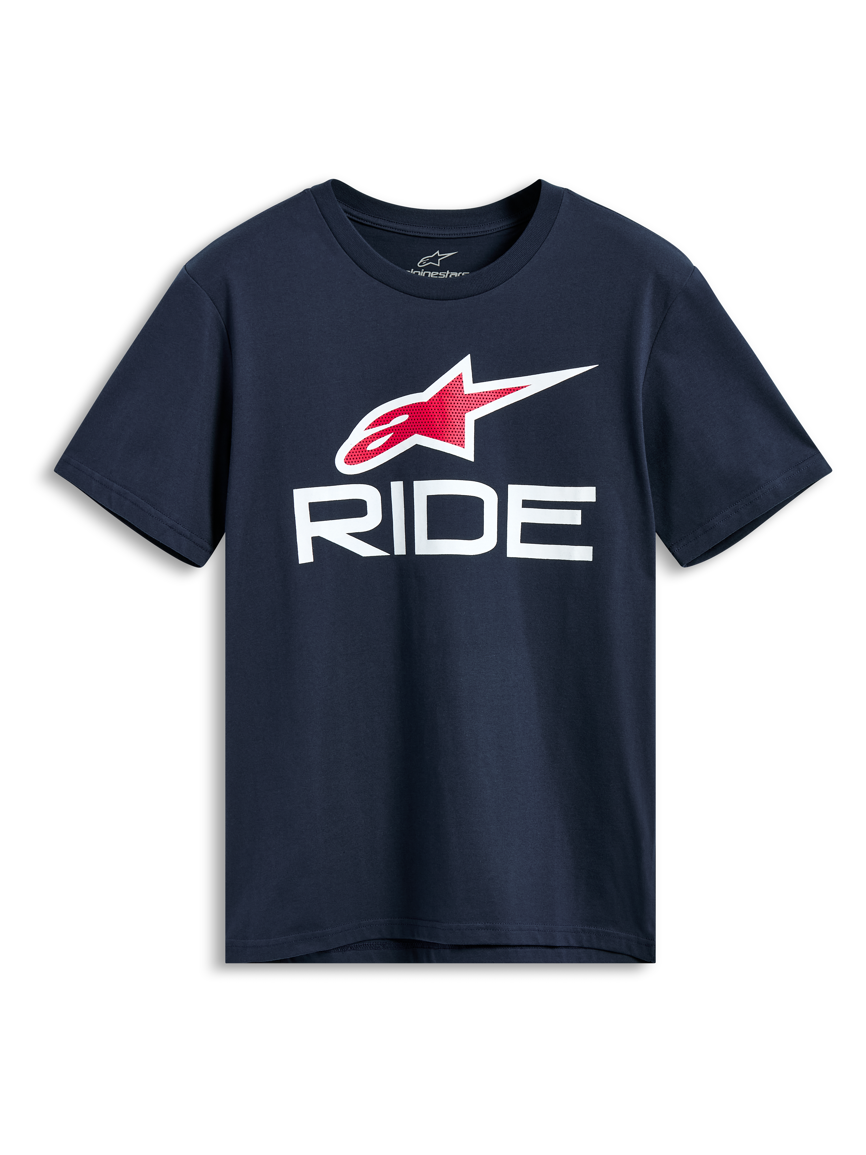 T-shirt Alpinestars Ride 4.0 CSF, t-shirt à manches courtes, bleu marine, logo Astars rouge et blanc avec graphisme RIDE blanc, vêtement sportswear décontracté