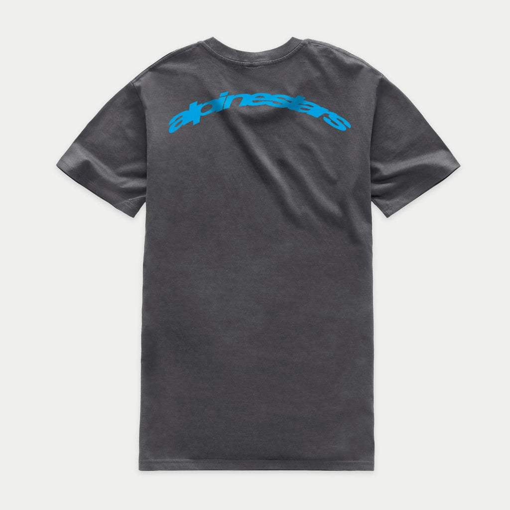 T-shirt Alpinestars Horizon CSF, t-shirt à manches courtes, gris anthracite, vue de dos avec inscription Alpinestars en arc bleu sur les épaules, sportswear décontracté