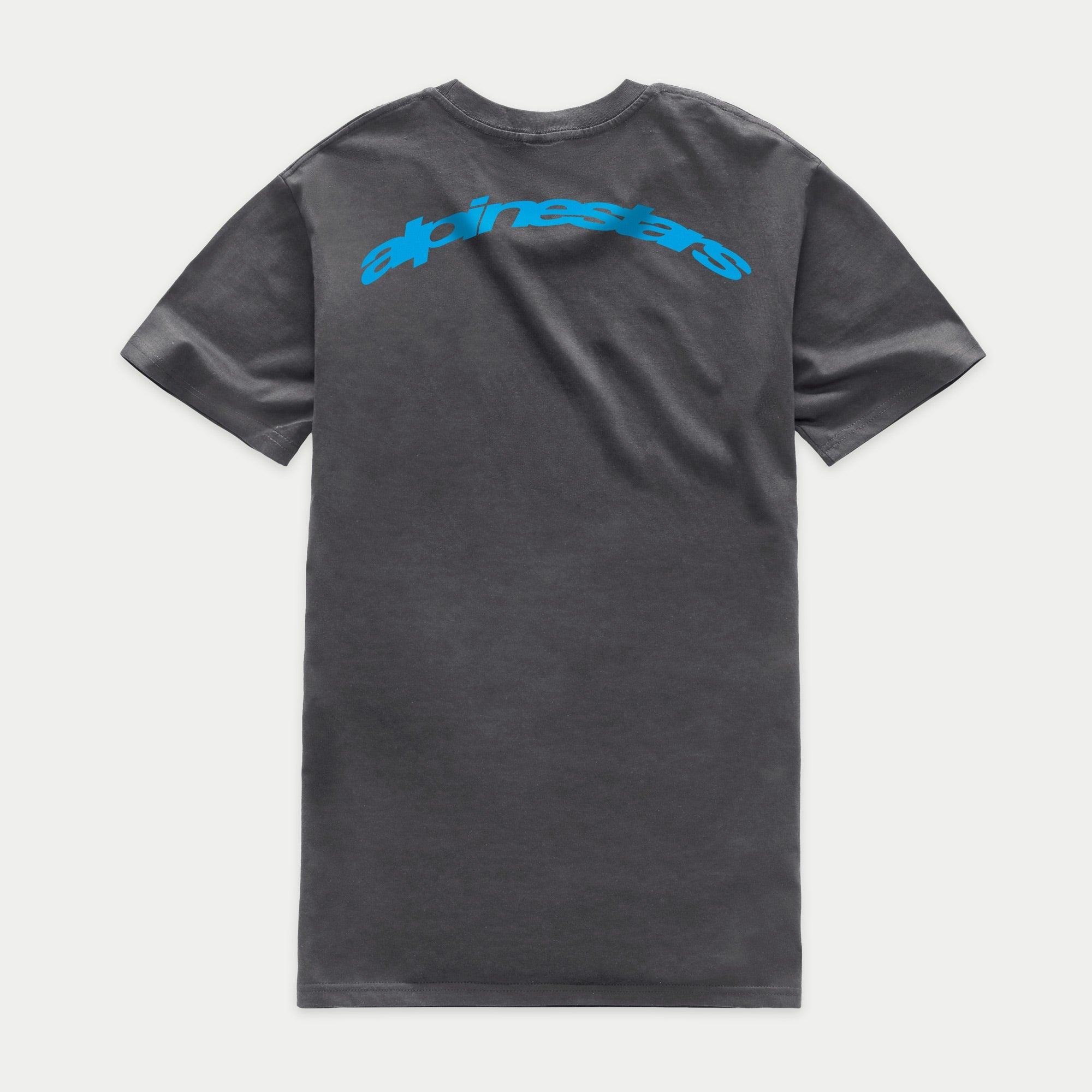 T-shirt Alpinestars Horizon CSF, t-shirt à manches courtes, gris anthracite, vue de dos avec inscription Alpinestars en arc bleu sur les épaules, sportswear décontracté