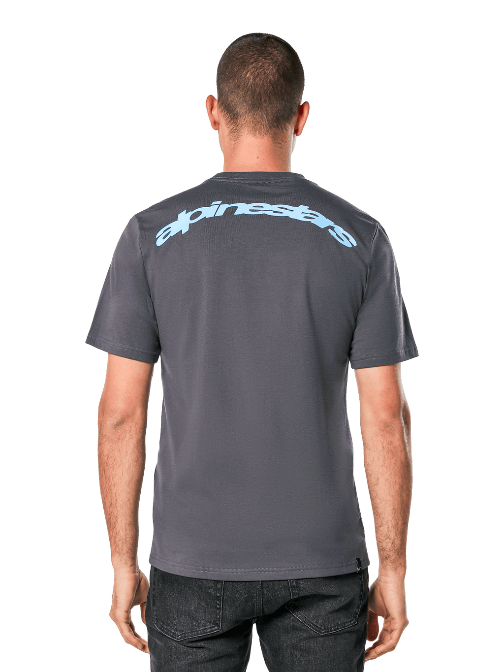 Alpinestars Horizon CSF Tee, t-shirt à manches courtes, gris anthracite, vue de dos avec une inscription Alpinestars en arc bleu clair, sportswear décontracté